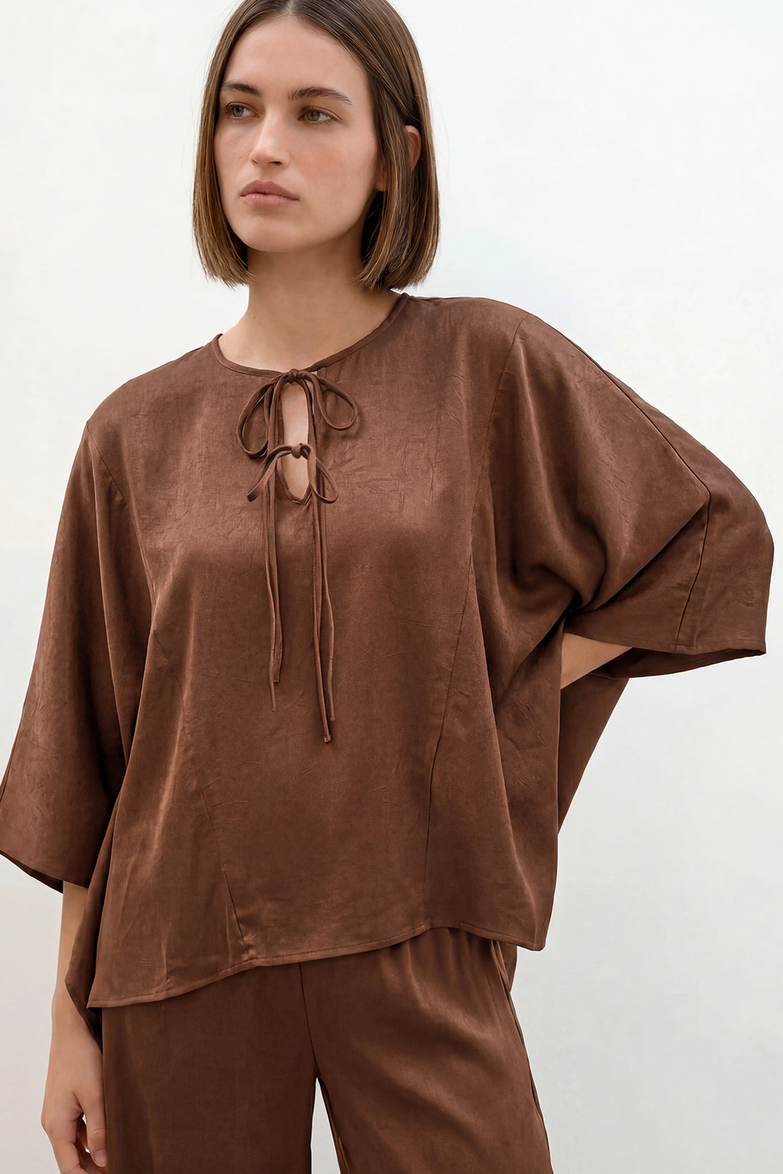 KOKO Structured Silk Tie-Front Top & Wide-Leg Bottom – Dark Brown