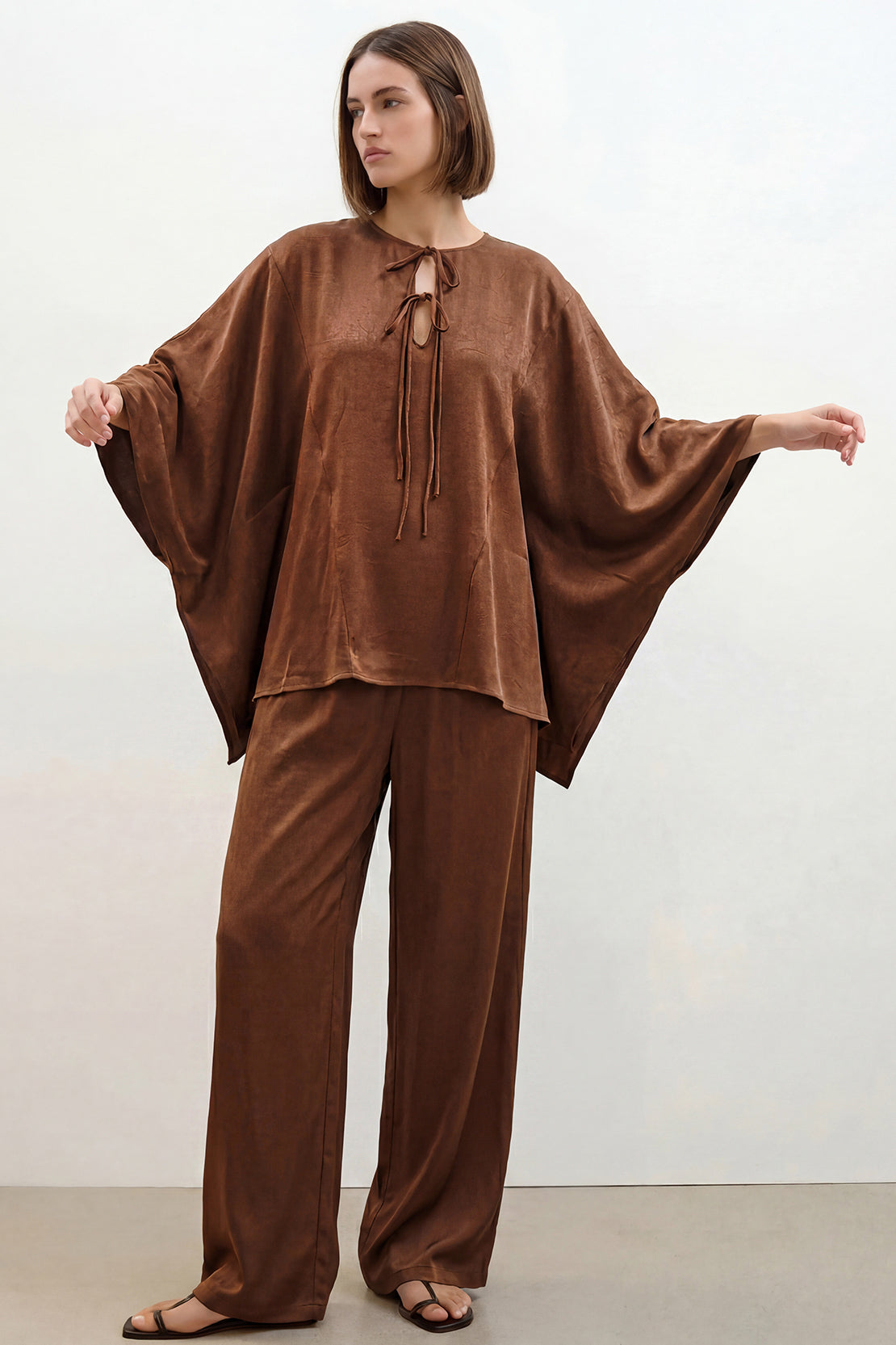 KOKO Structured Silk Wide-Leg Bottom – Dark Brown