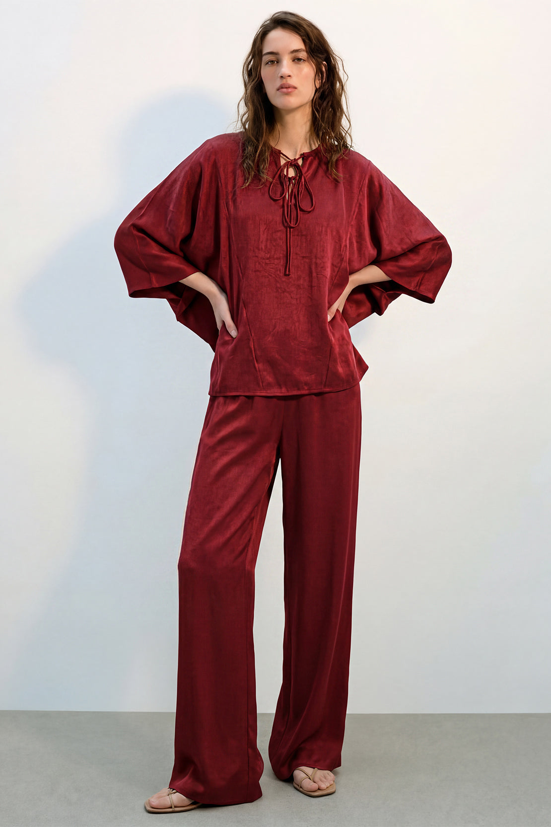 KOKO Structured Silk Tie-Front Top & Wide-Leg Pants – Red
