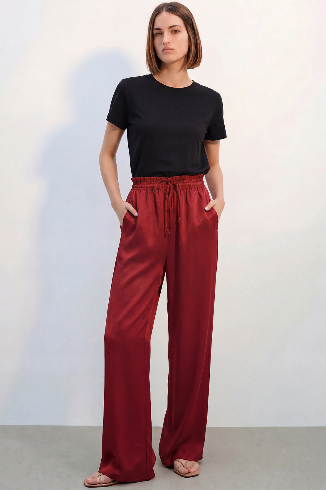 KOKO Structured Silk Tie-Front Top & Wide-Leg Pants – Red