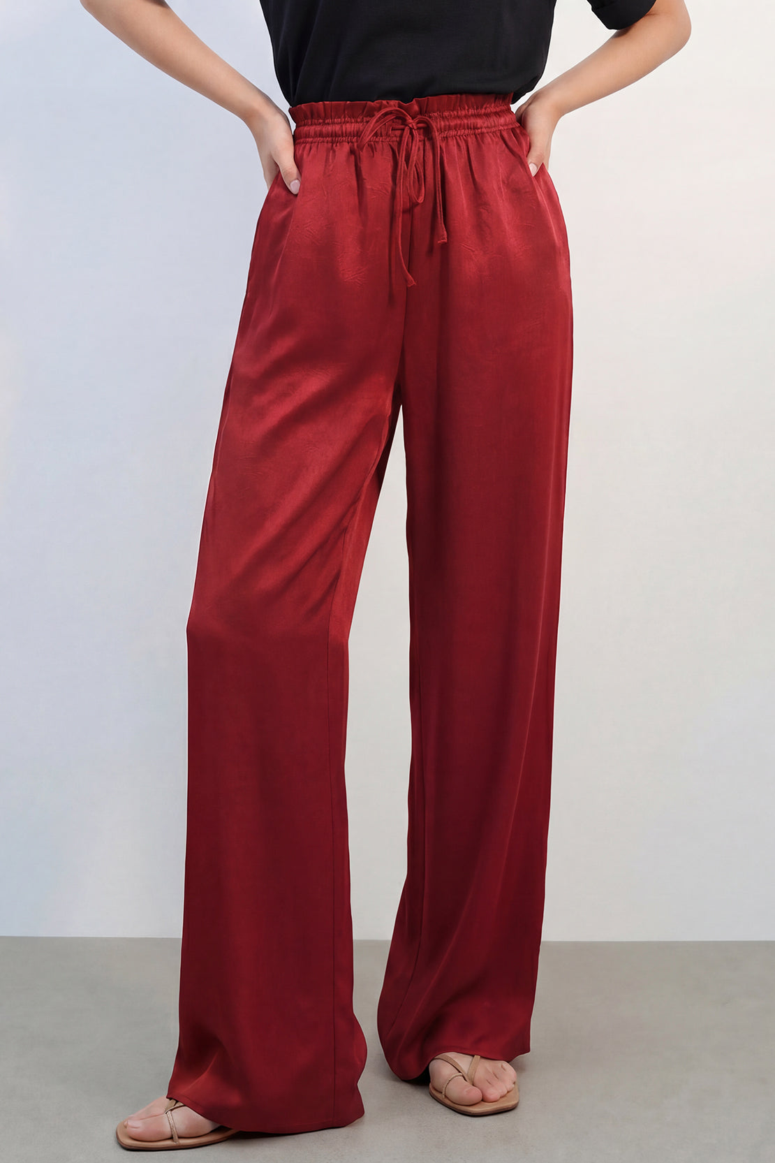 KOKO Structured Silk Tie-Front Top & Wide-Leg Pants – Red