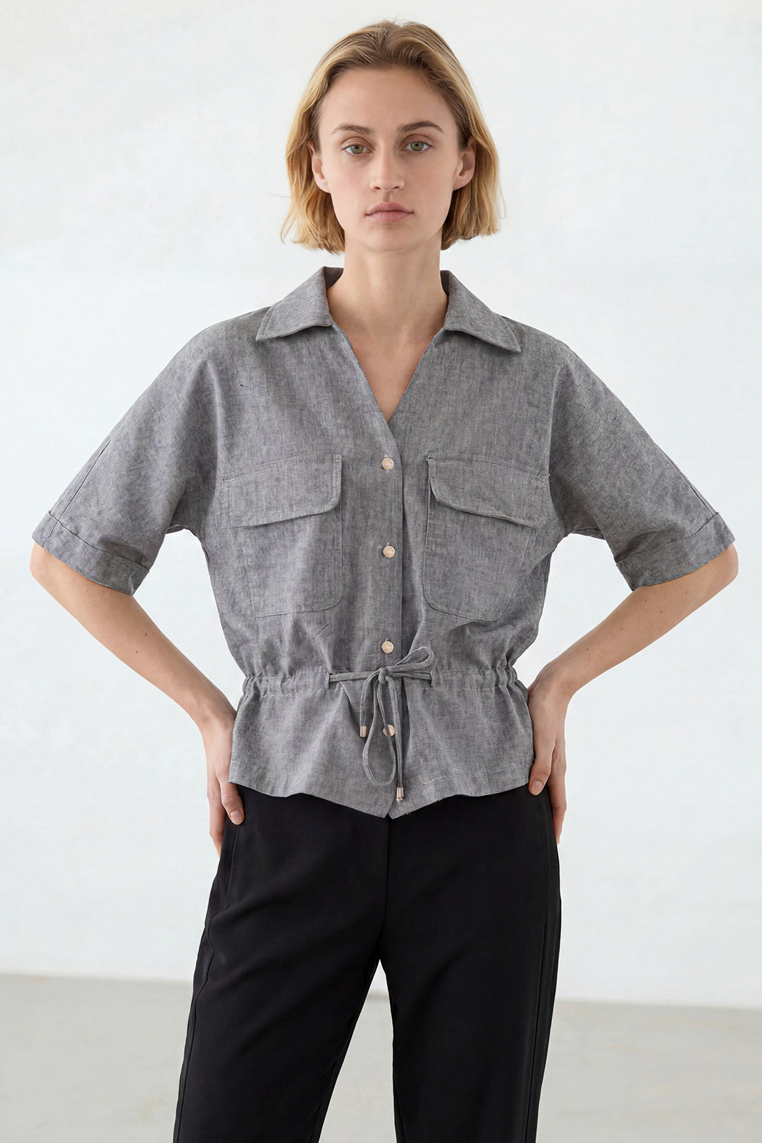 KOKO Mist Linen Button down Top – Grey