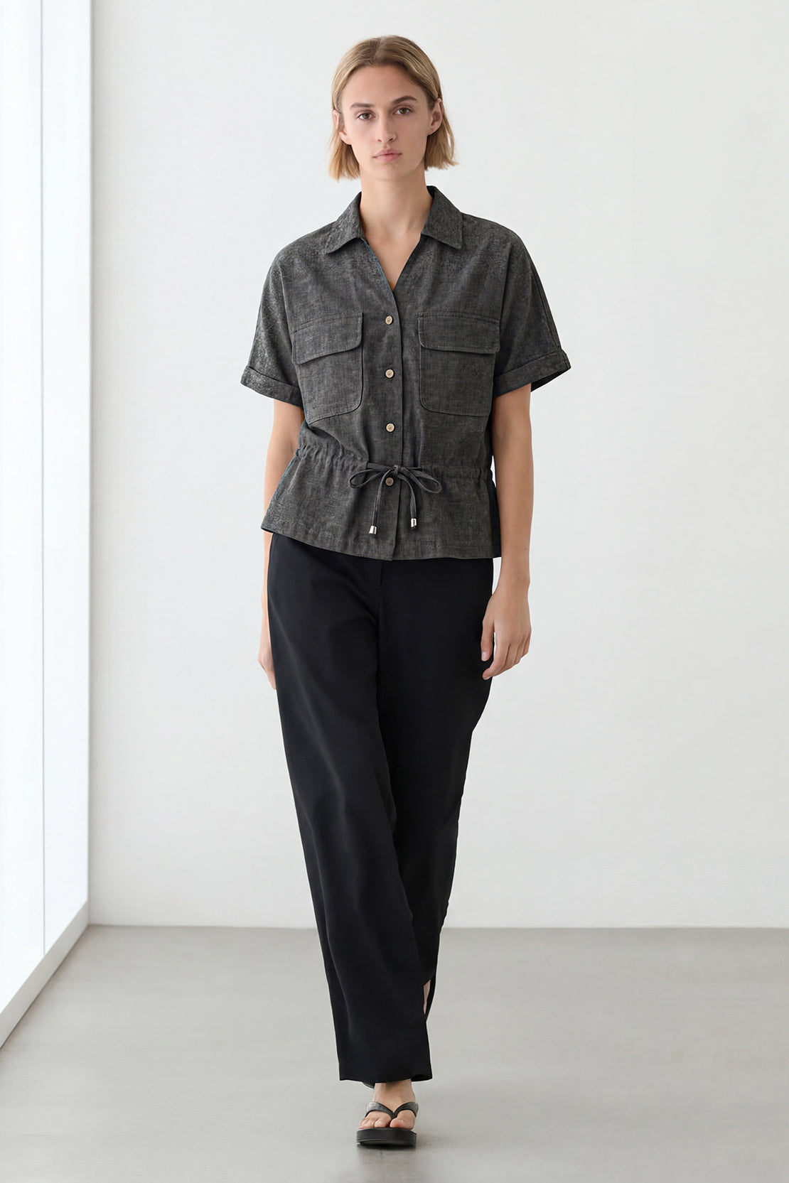 KOKO Mist Linen Tie-Front Top – Charcoal Grey