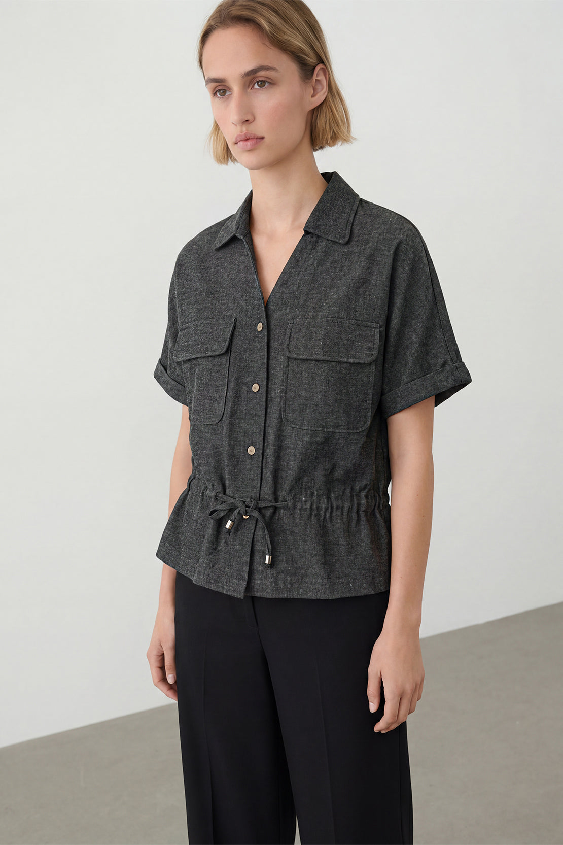 KOKO Mist Linen Tie-Front Top – Charcoal Grey