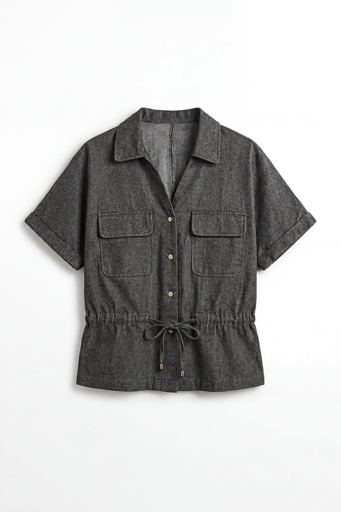 KOKO Mist Linen Tie-Front Top – Charcoal Grey