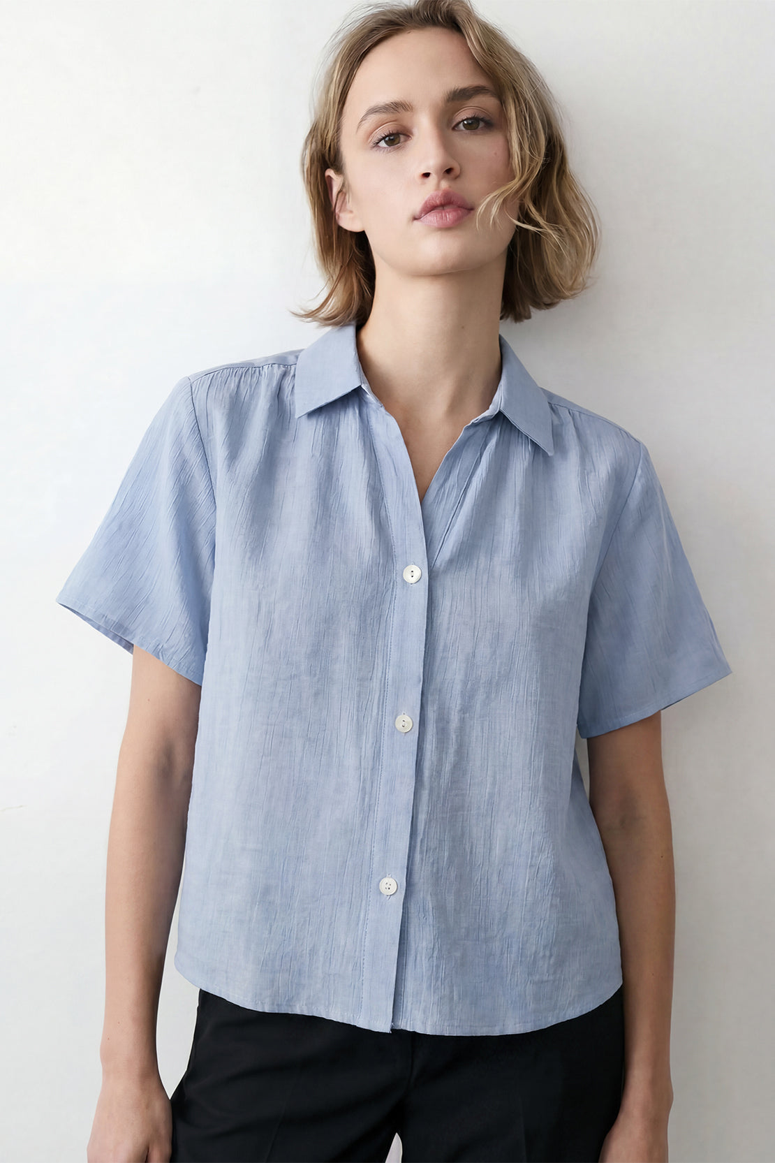 KOKO Aura Soft Button-Down Top – Light Blue