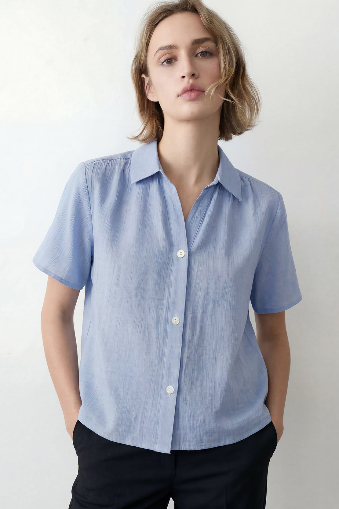 KOKO Aura Soft Button-Down Top – Light Blue