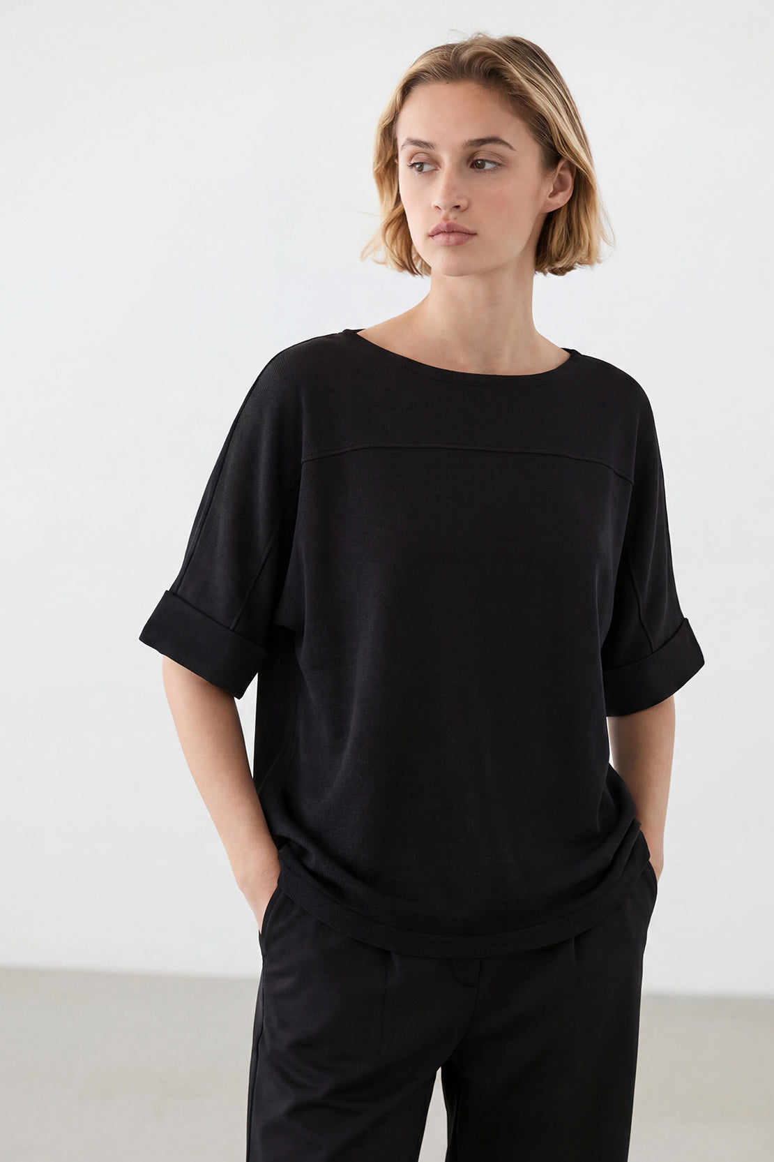 KOKO Neo Mesh Relaxed Crew Neck Top – Black