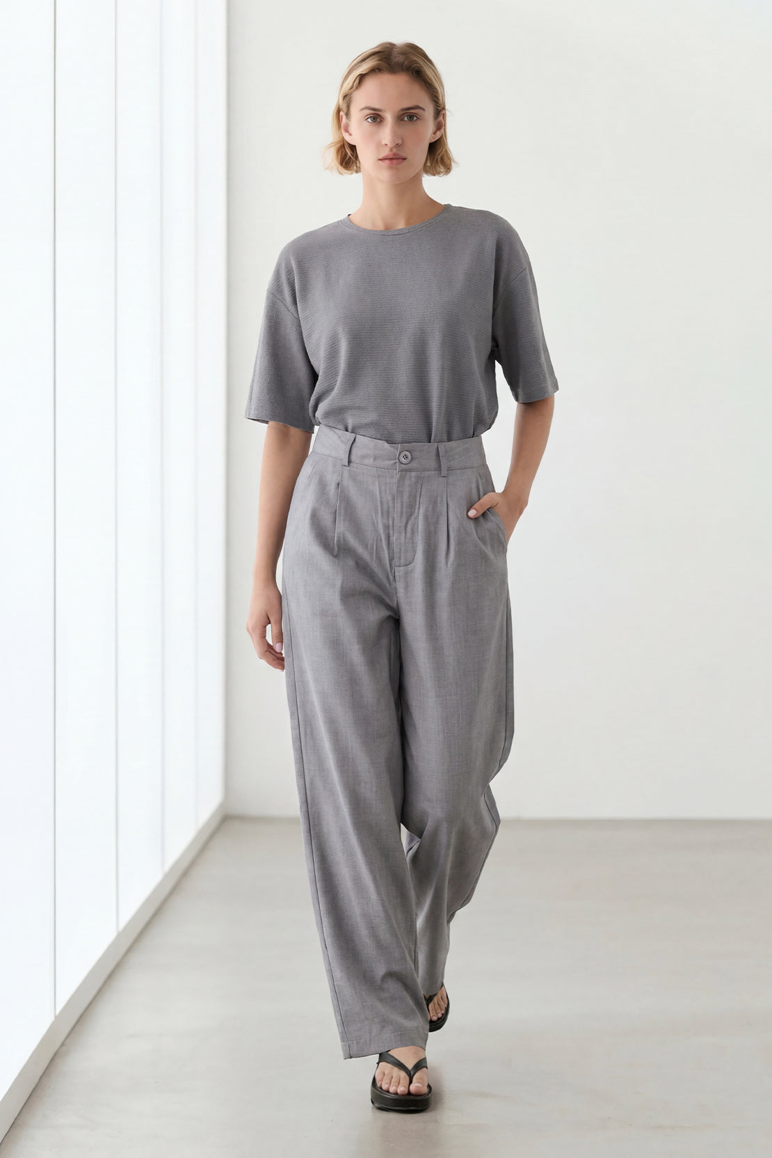 KOKO Aero Linen Tie-Front Top Or Relaxed Pants Set – Grey
