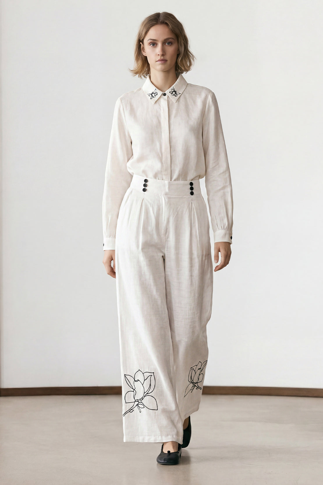 KOKO Light Linen Embroidered Collar Shirt + Wide-Leg Bottom - White