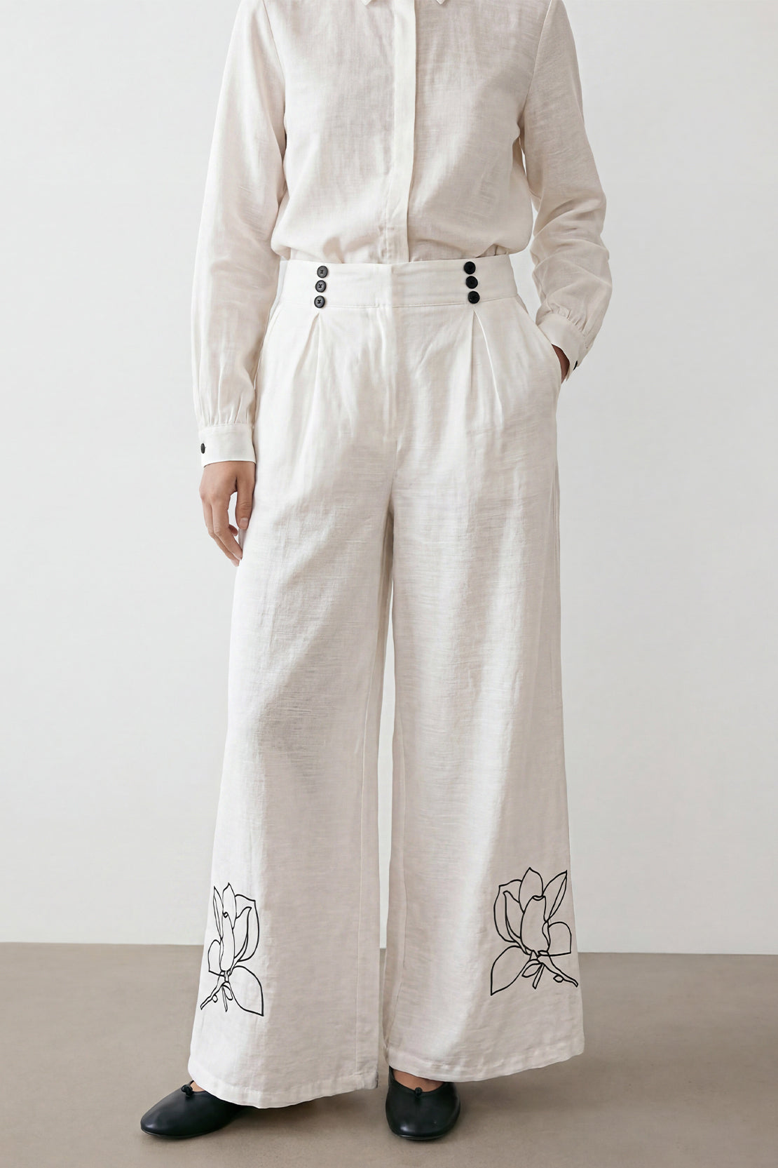 KOKO Light Linen Embroidered Collar Shirt + Wide-Leg Bottom - White