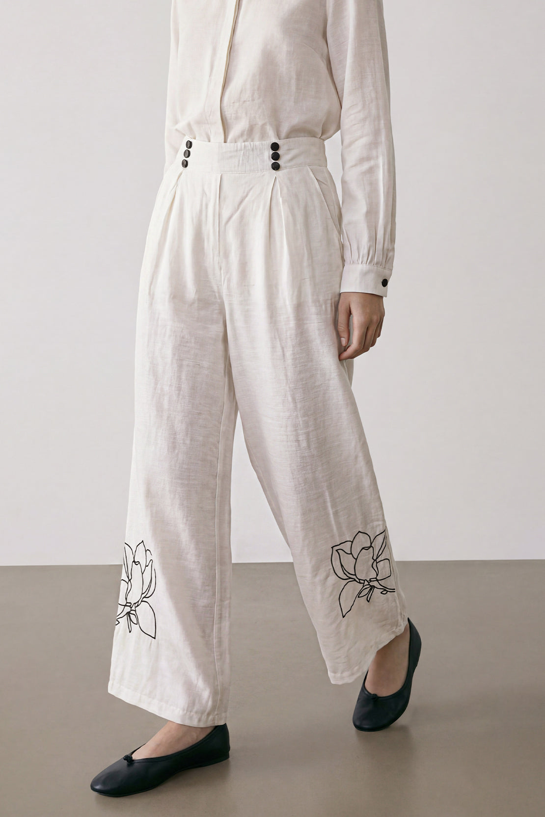 KOKO Light Linen Embroidered Collar Shirt + Wide-Leg Bottom - White