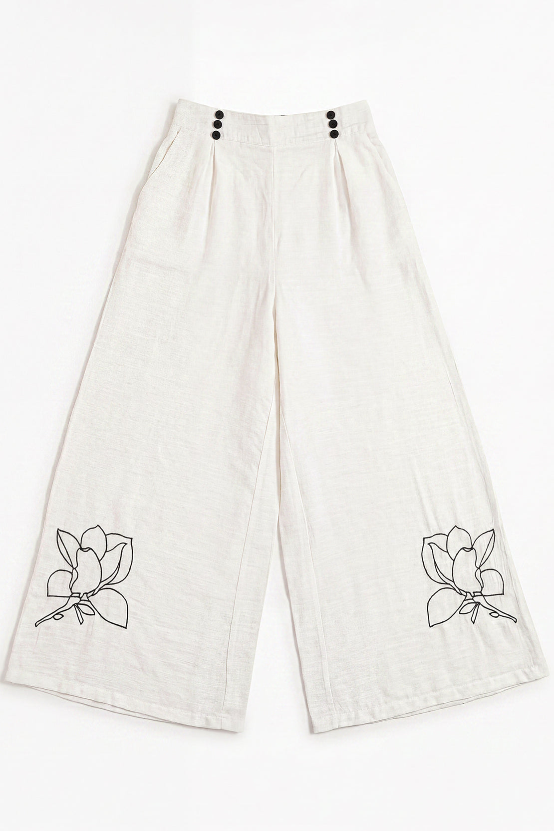 KOKO Light Linen Embroidered Collar Shirt + Wide-Leg Bottom - White