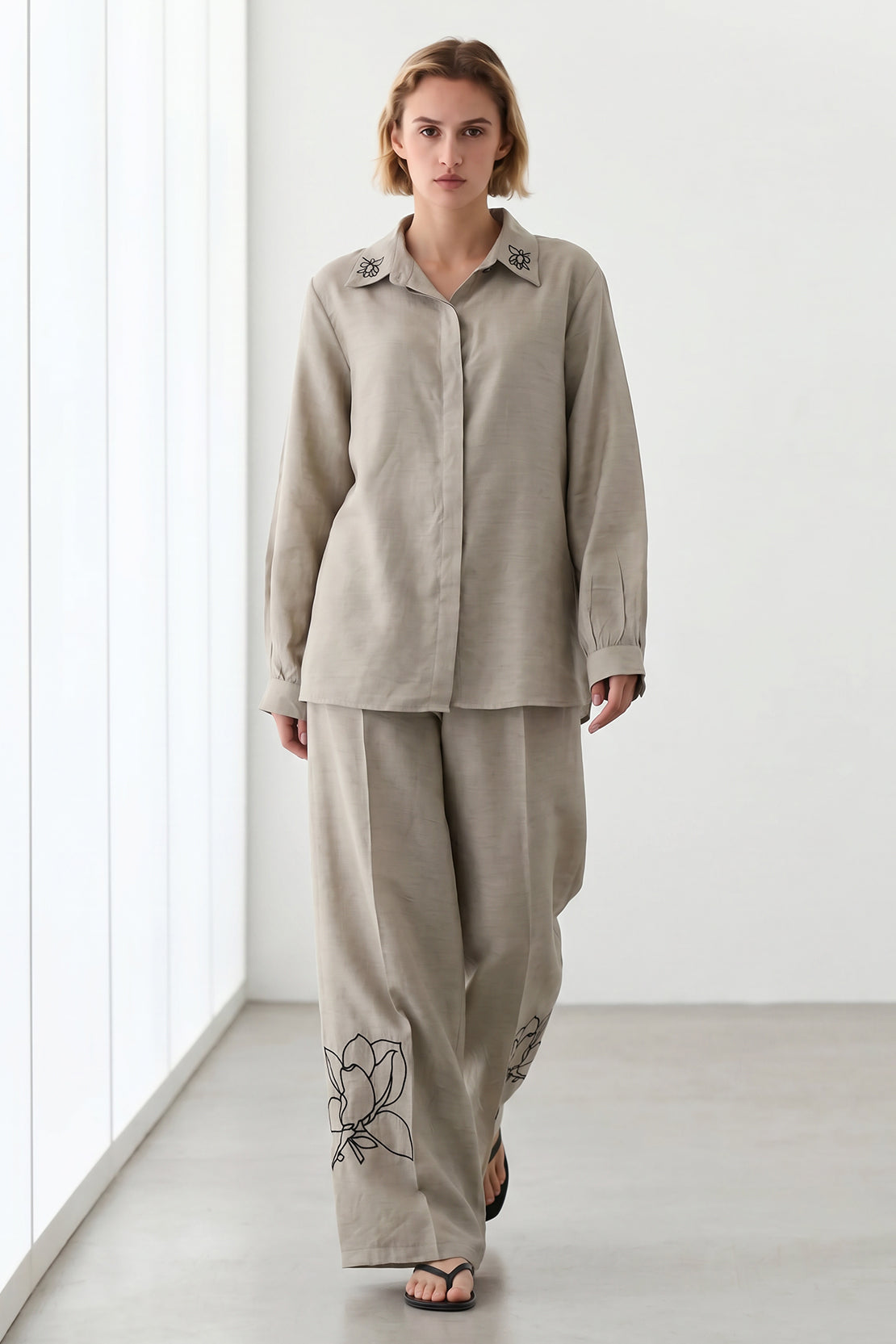 KOKO Light Linen Embroidered Collar Shirt – Olive