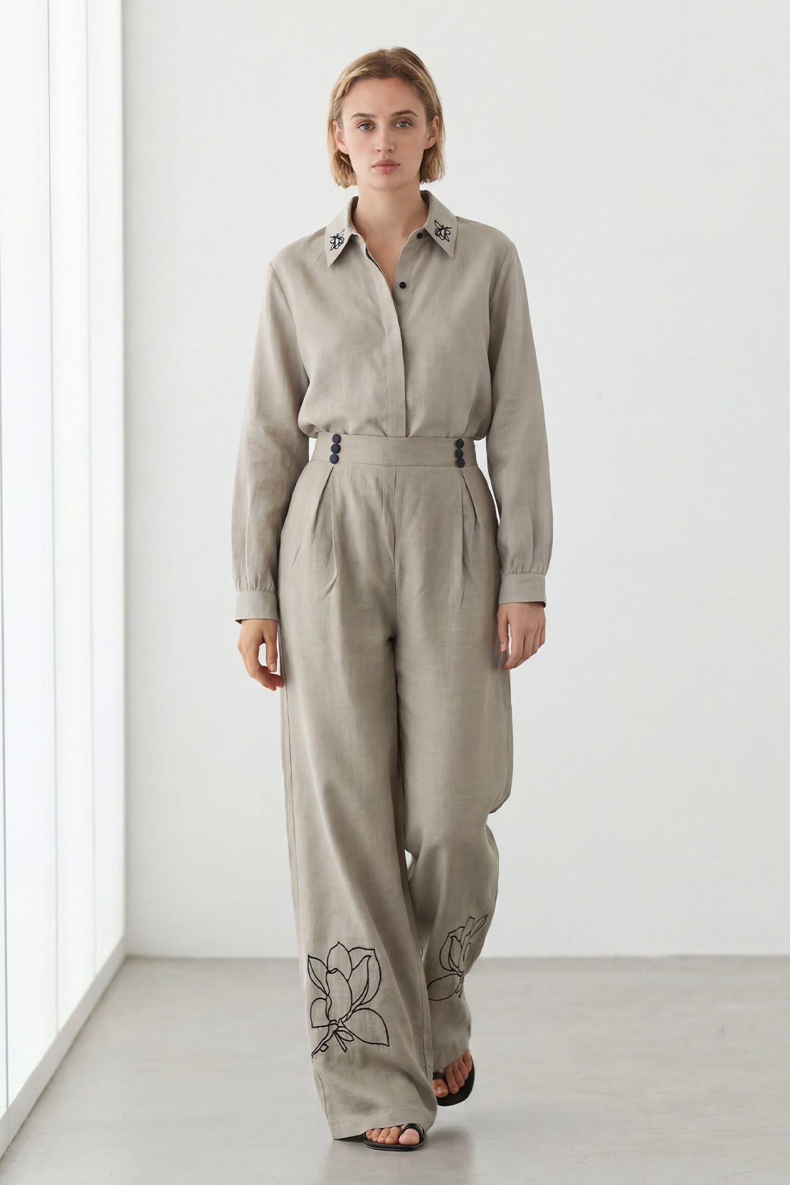 KOKO Light Linen Embroidered Wide-Leg Bottom – Olive