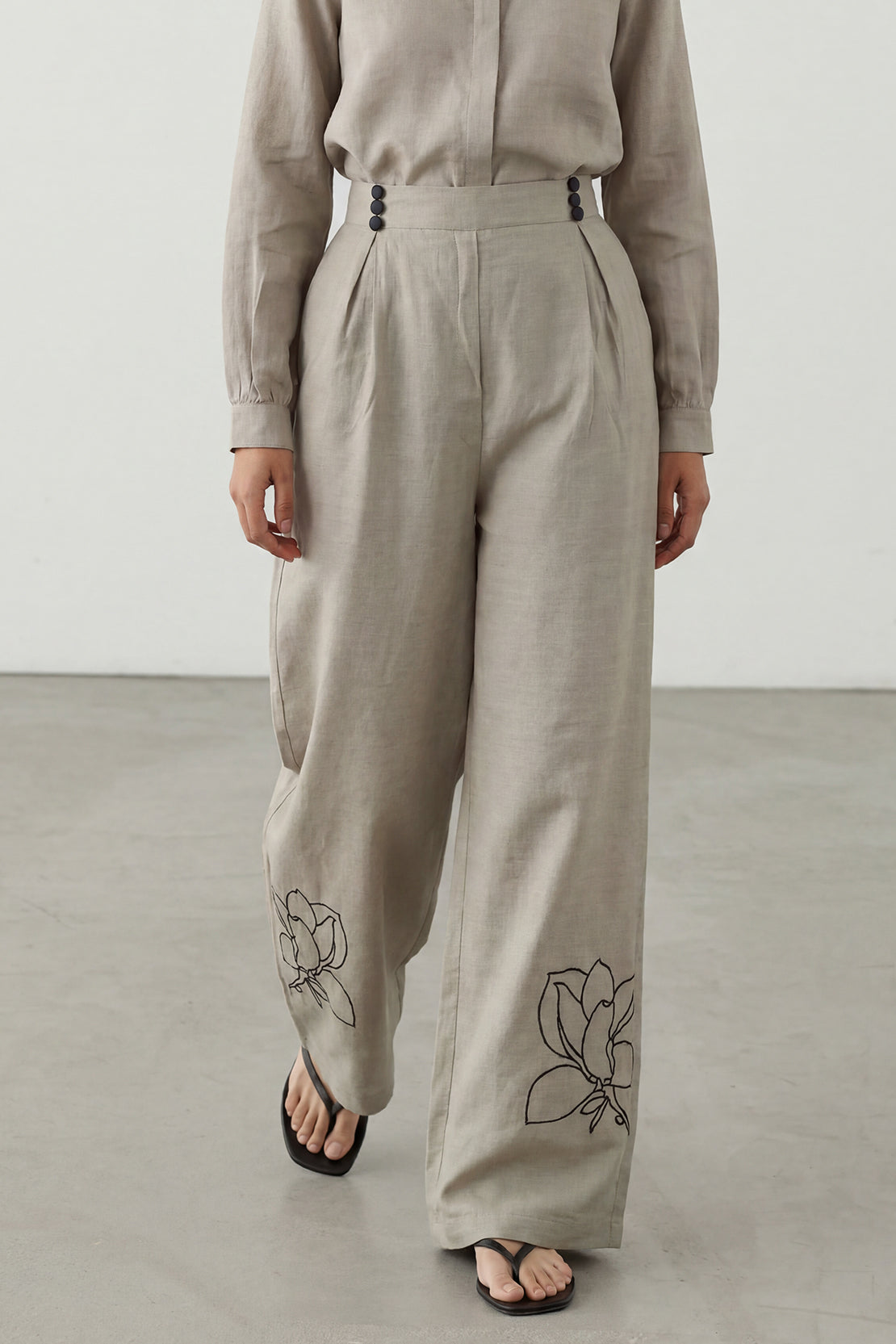 KOKO Light Linen Embroidered Wide-Leg Bottom – Olive
