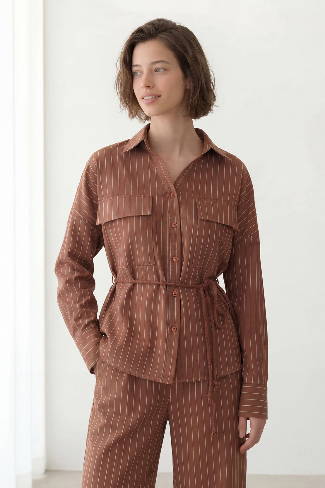 KOKO Linen Blend Stripe Shirt & Relaxed Wide-Leg Pants – Rusty Brown
