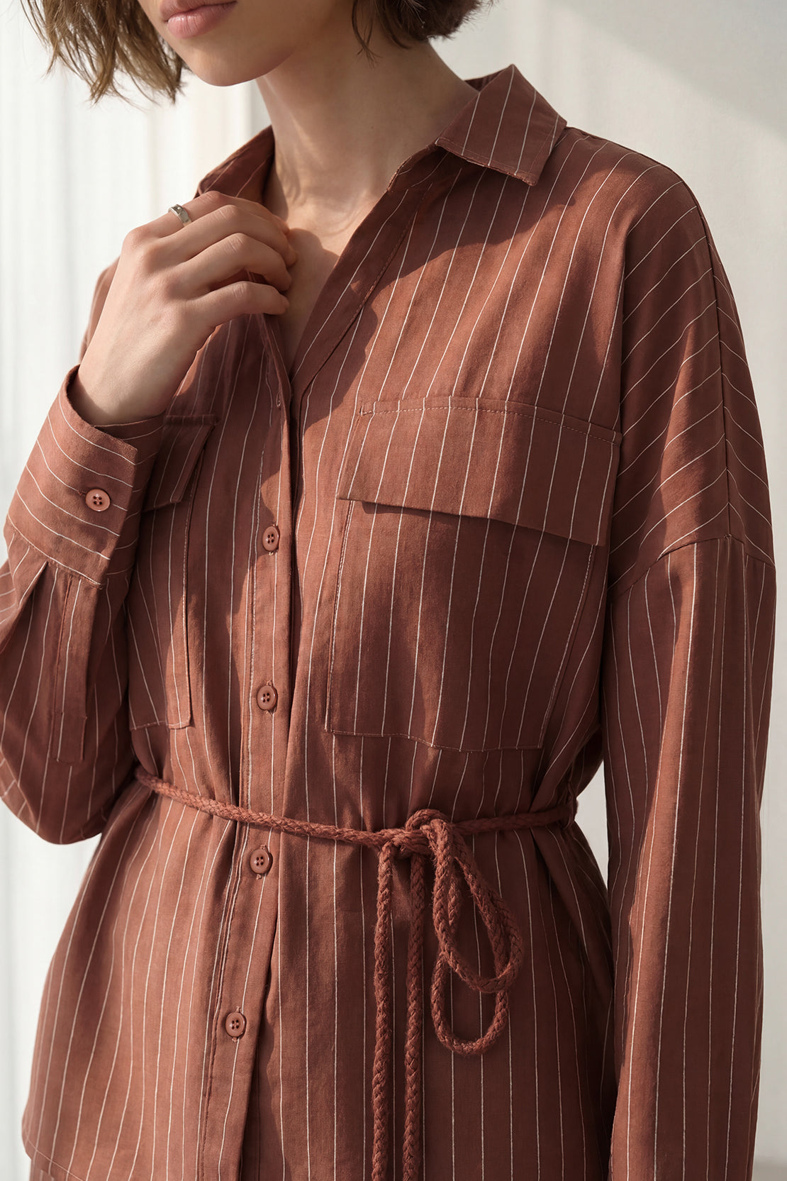 KOKO Linen Blend Stripe Shirt – Rusty Brown