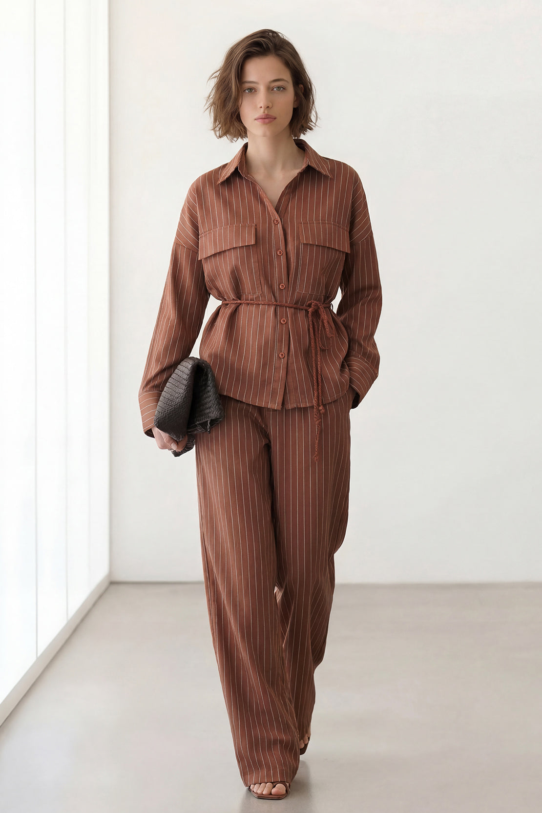 KOKO Linen Blend Stripe Shirt & Relaxed Wide-Leg Pants – Rusty Brown