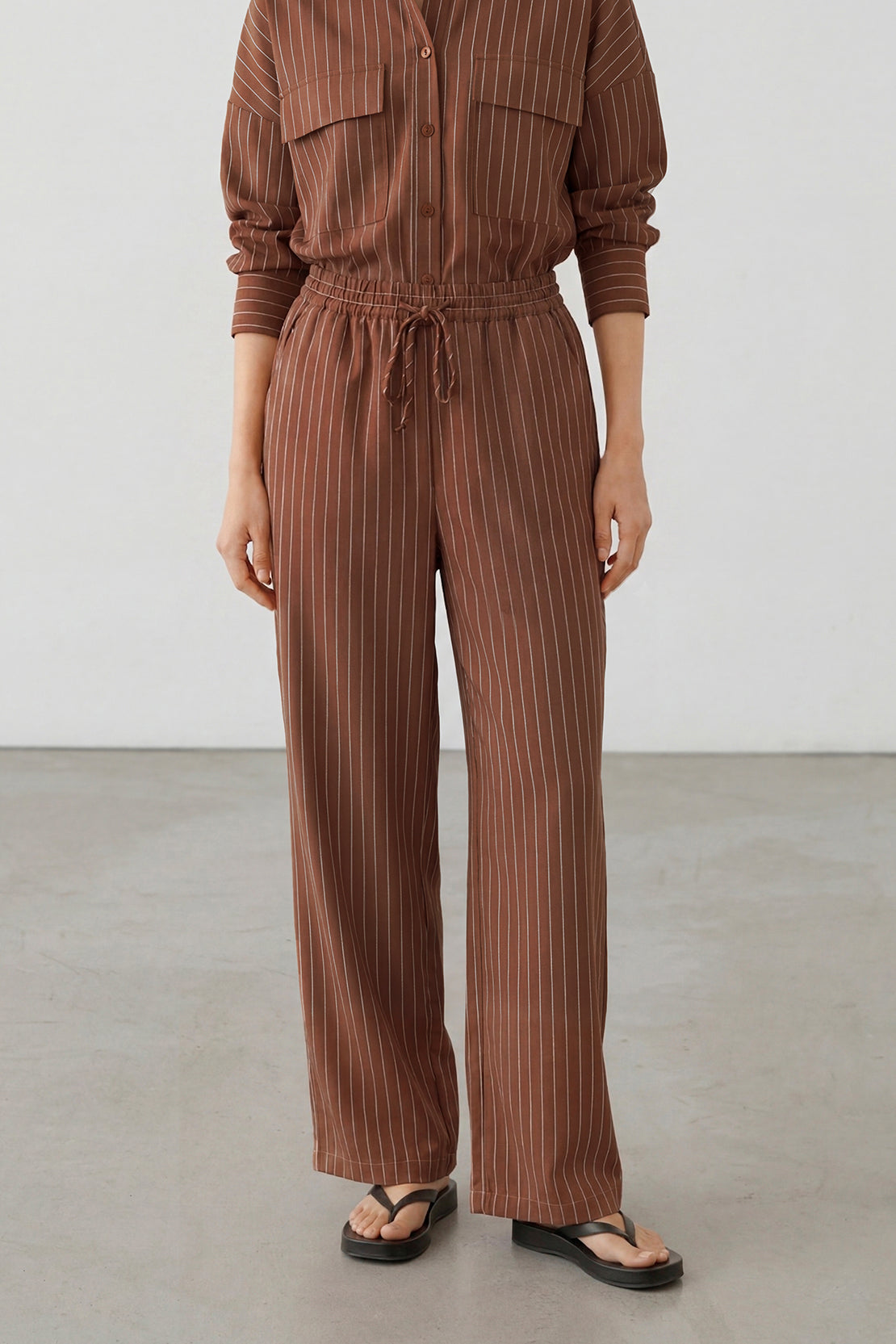 KOKO Linen Blend Stripe Shirt & Relaxed Wide-Leg Pants – Rusty Brown