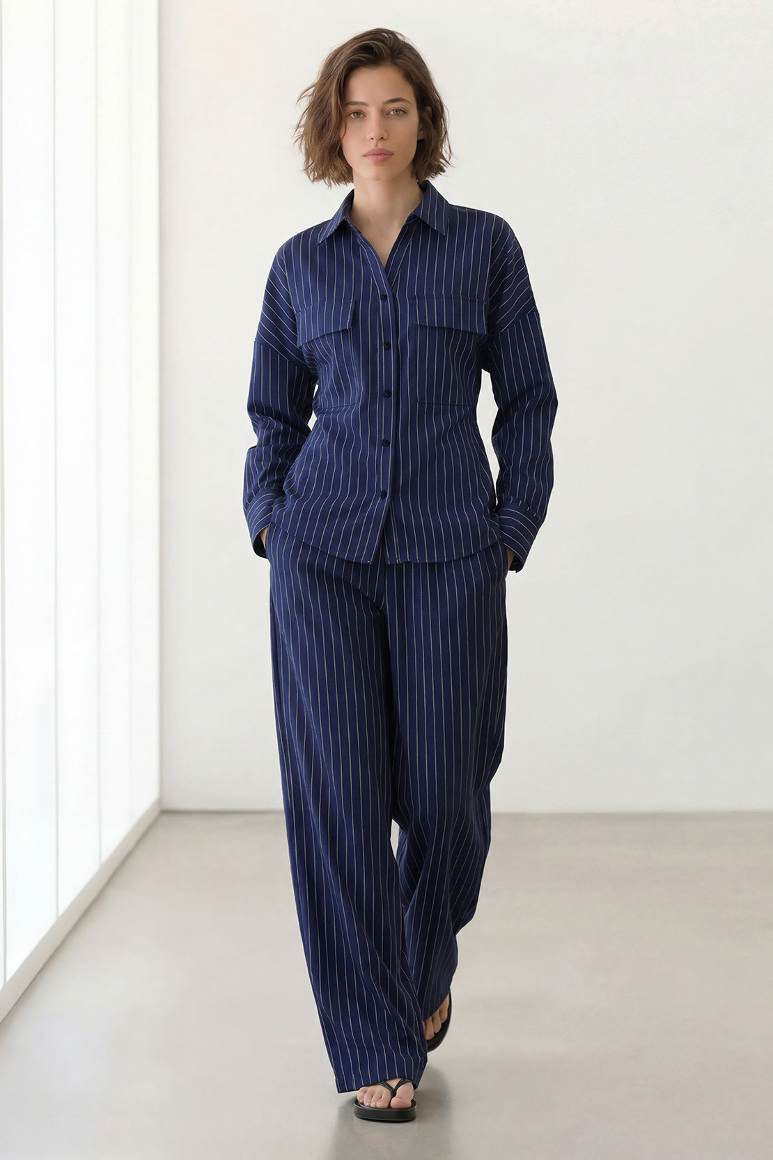 KOKO Linen Blend Stripe Shirt & Relaxed Wide-Leg Pants - Navy