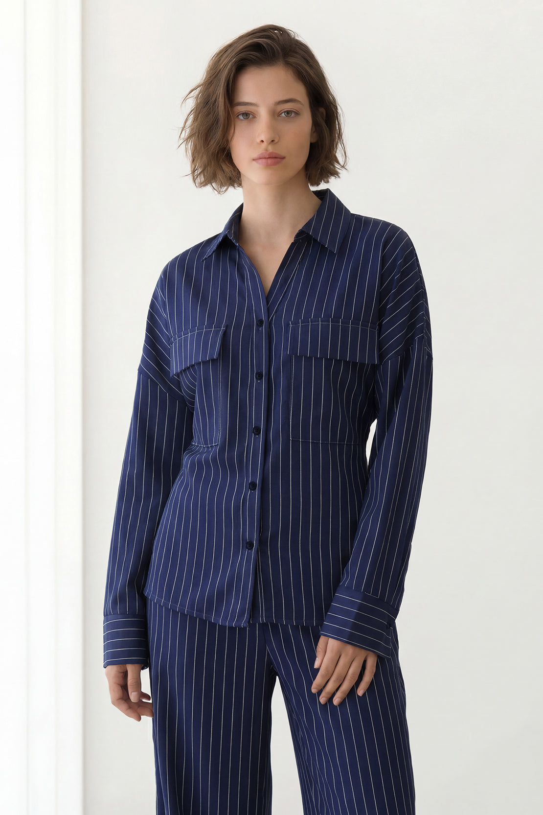KOKO Linen Blend Stripe Shirt & Relaxed Wide-Leg Pants - Navy