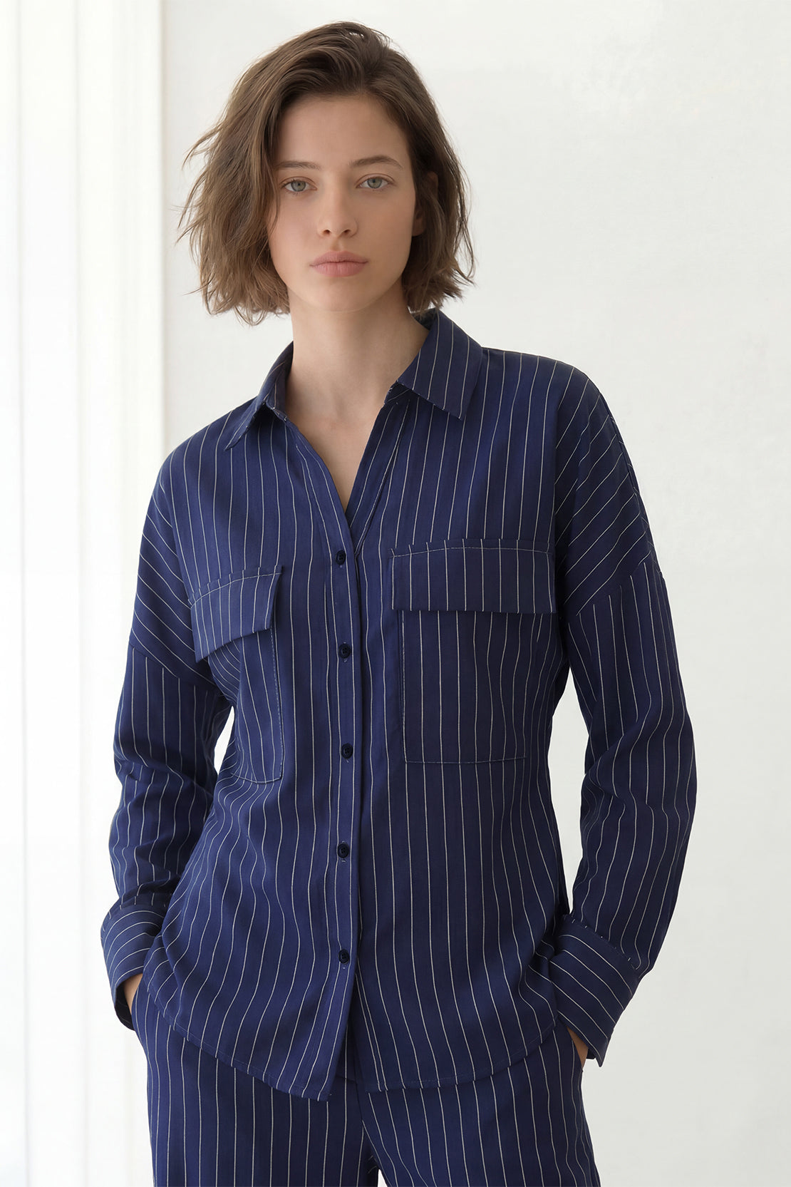 KOKO Linen Blend Stripe Shirt & Relaxed Wide-Leg Pants - Navy