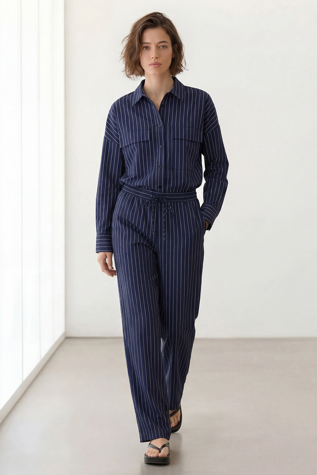 KOKO Linen Blend Relaxed Wide-Leg Pants - Navy