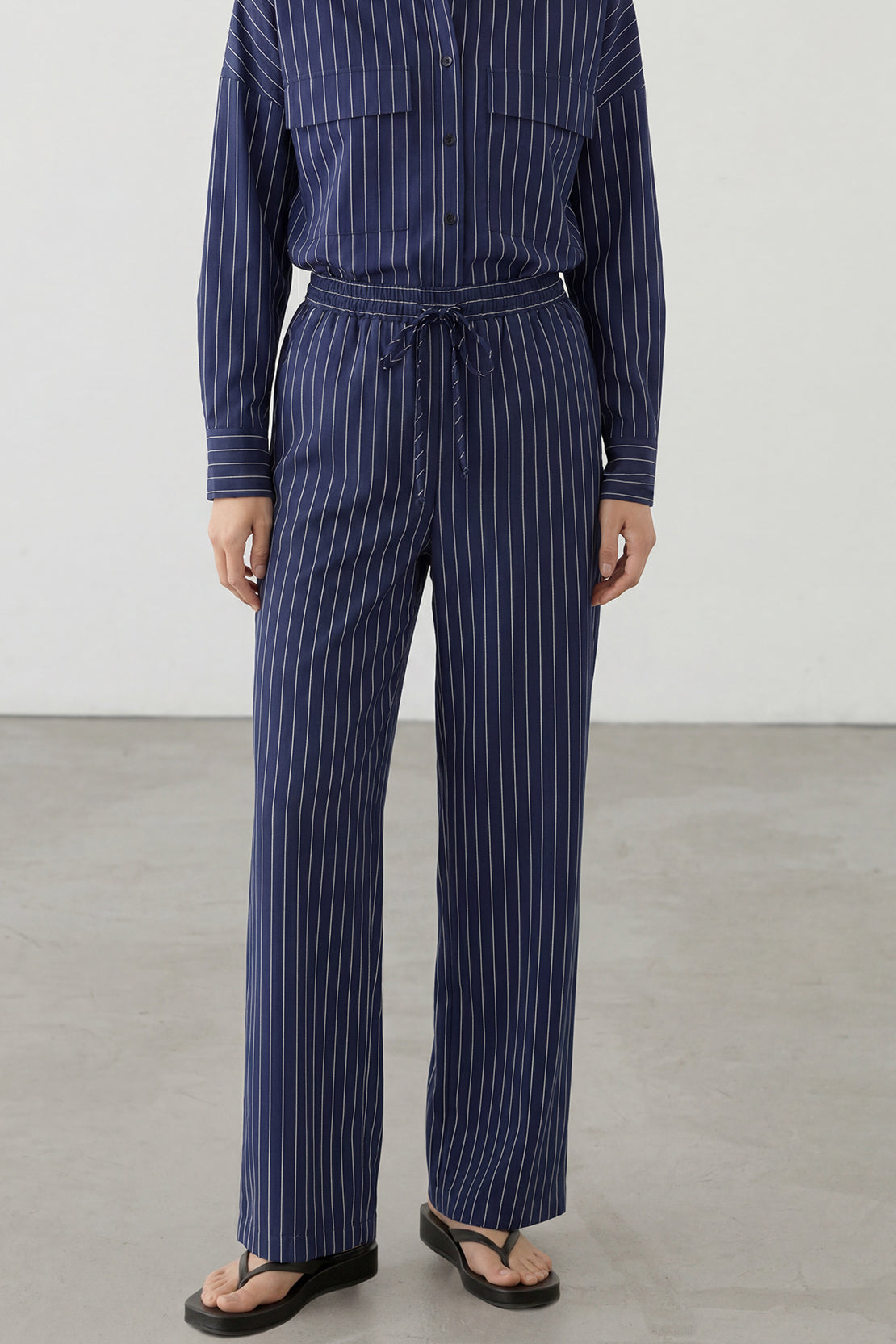 KOKO Linen Blend Stripe Shirt & Relaxed Wide-Leg Pants - Navy