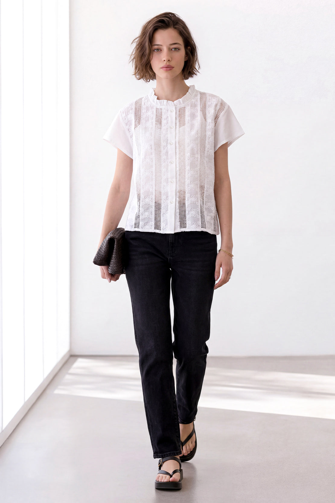 KOKO Light Weave Embellished Top – White