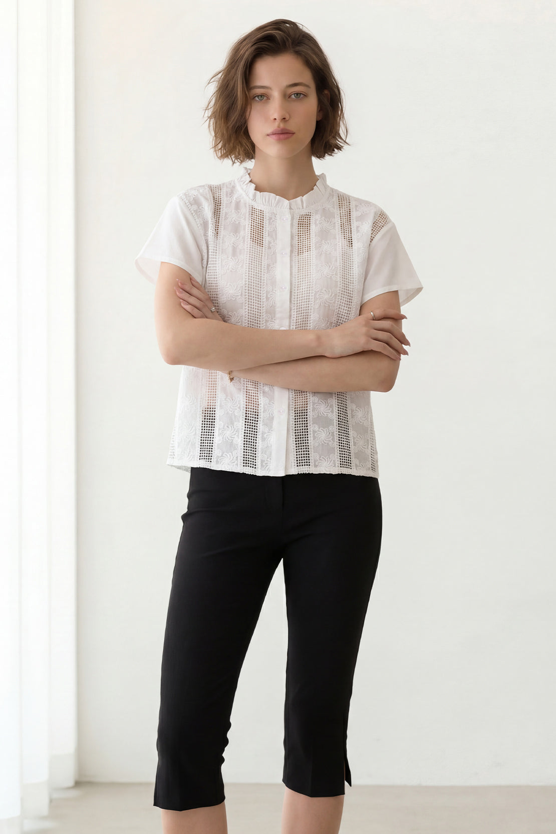 KOKO Light Weave Embellished Top – White