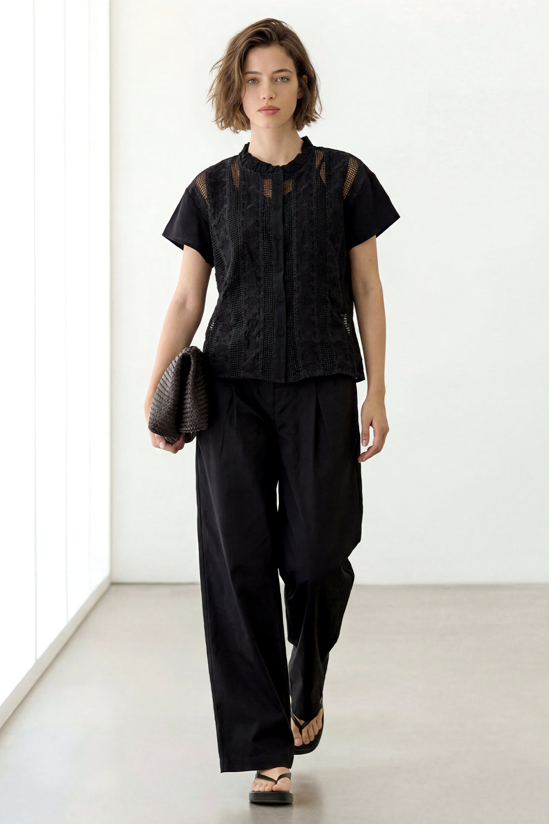 KOKO Light Weave Embellished Top – Black