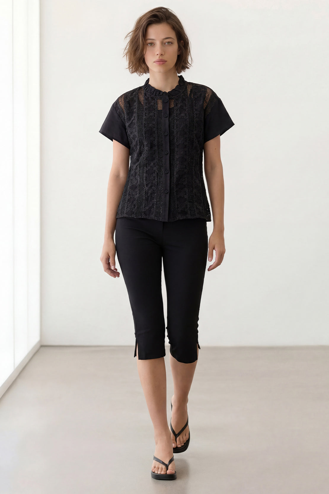 KOKO Light Weave Embellished Top – Black