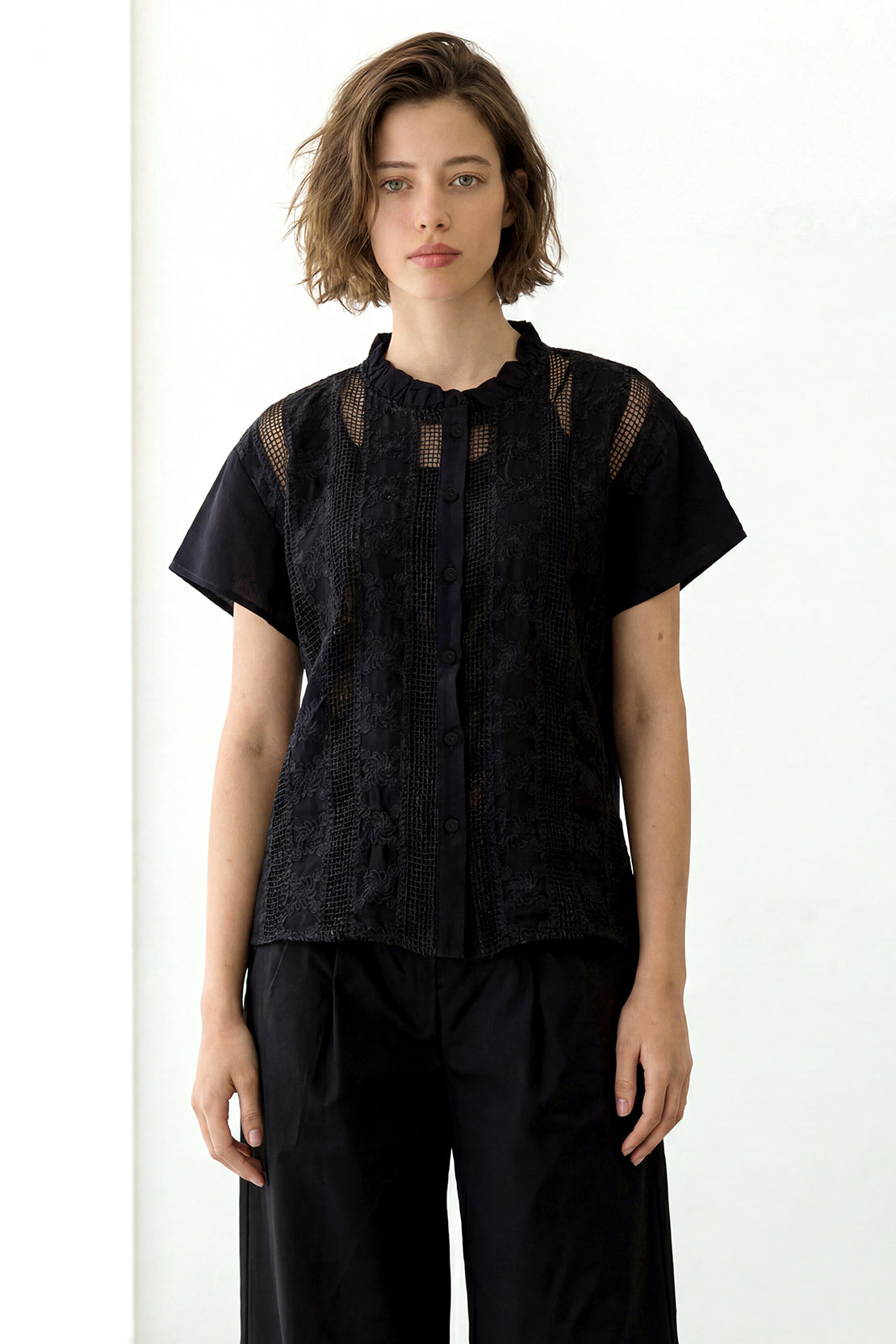 KOKO Light Weave Embellished Top – Black
