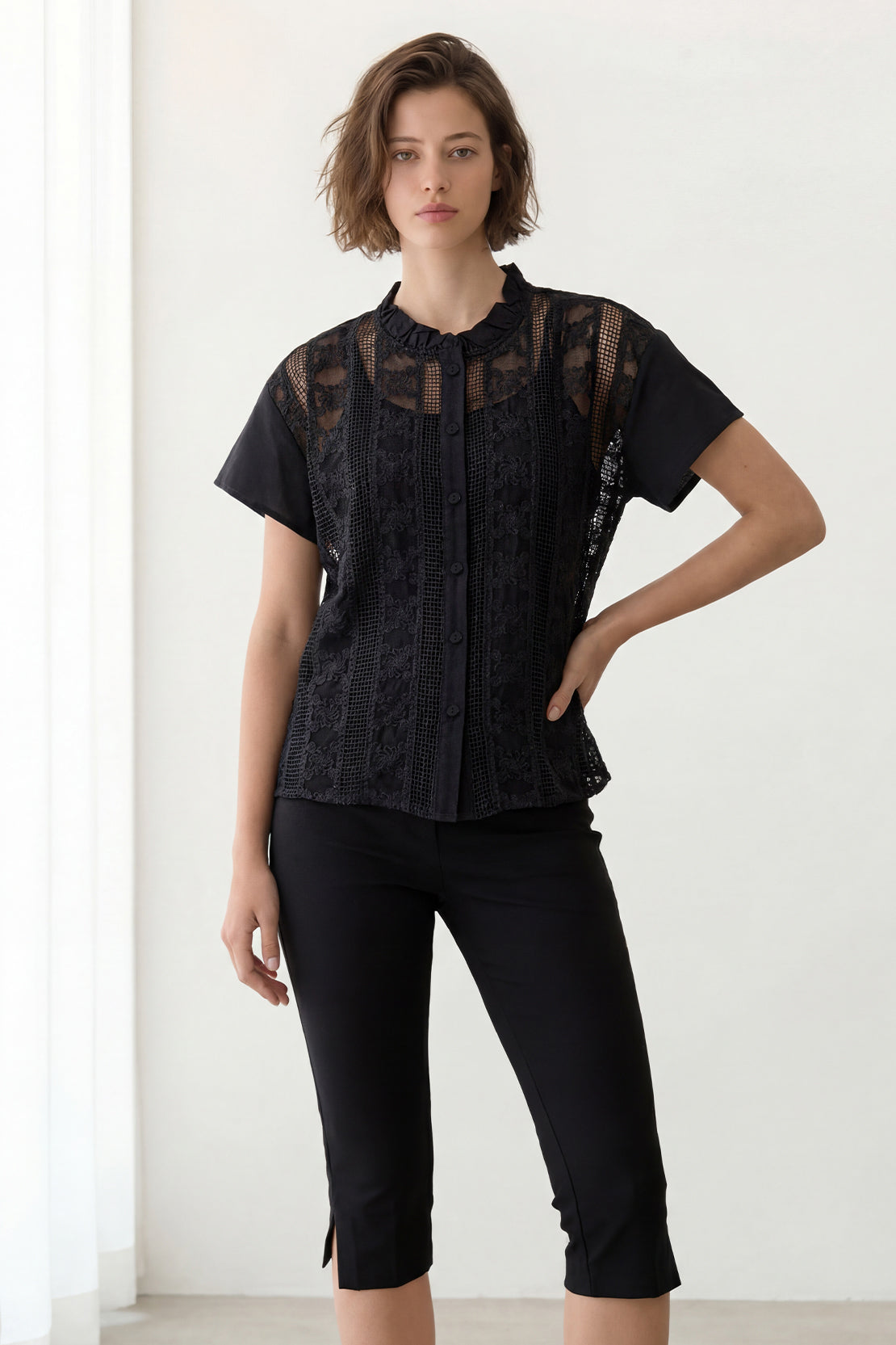 KOKO Light Weave Embellished Top – Black