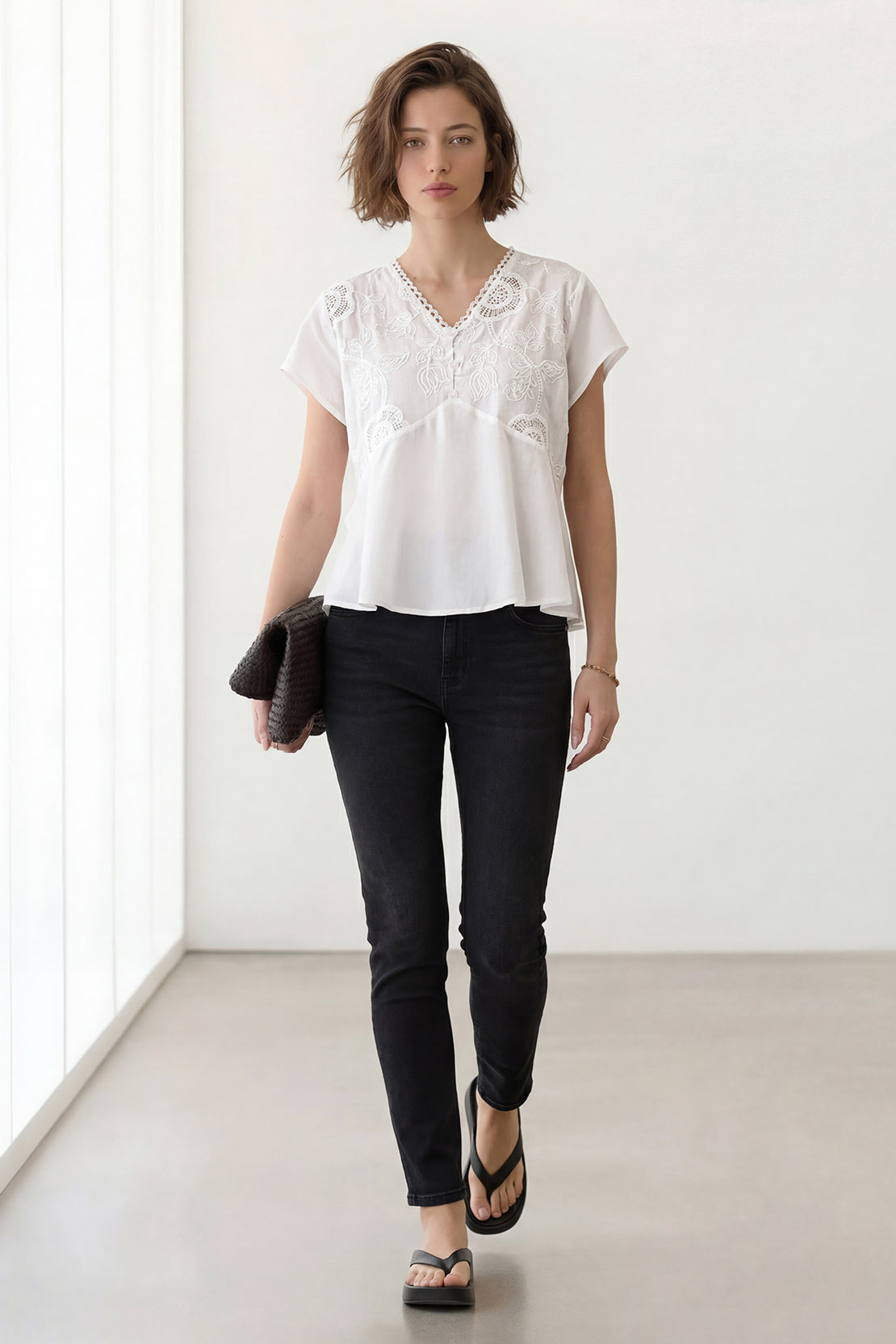 KOKO Light Weave Embellished Top – White