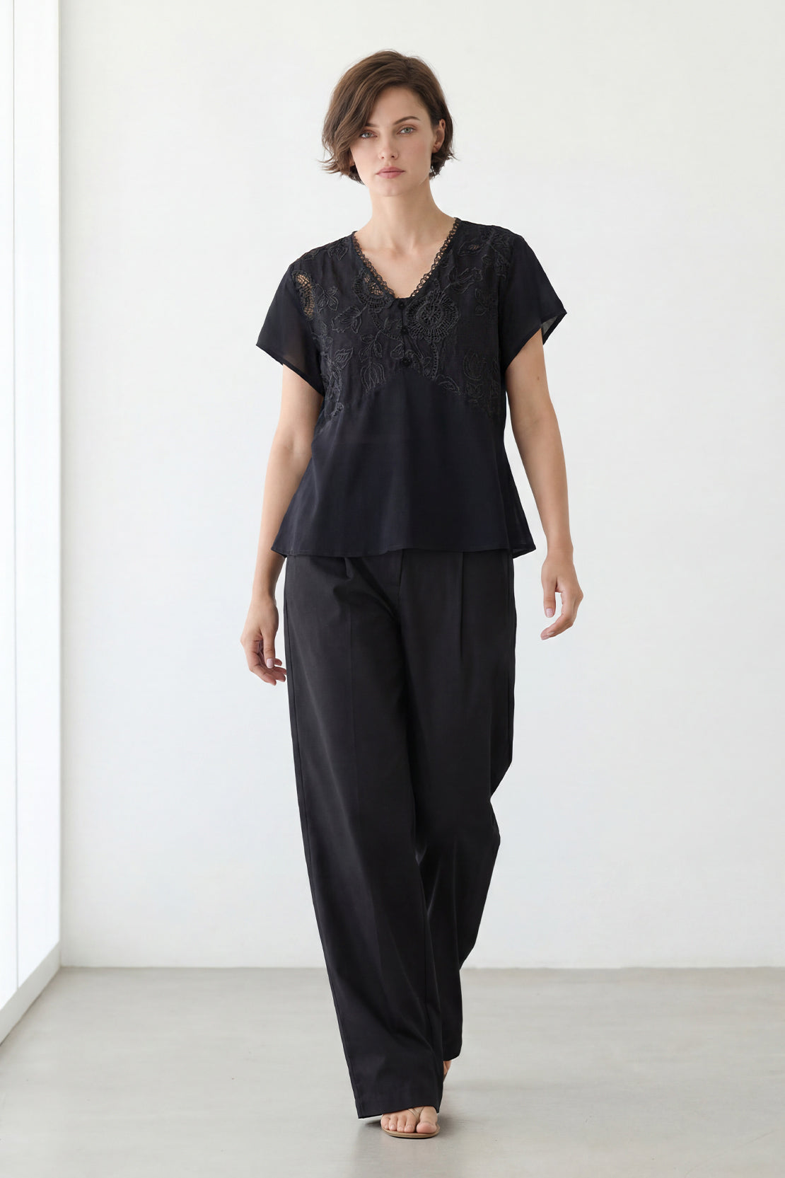 KOKO Light Weave Embroidered Lace Top – Black