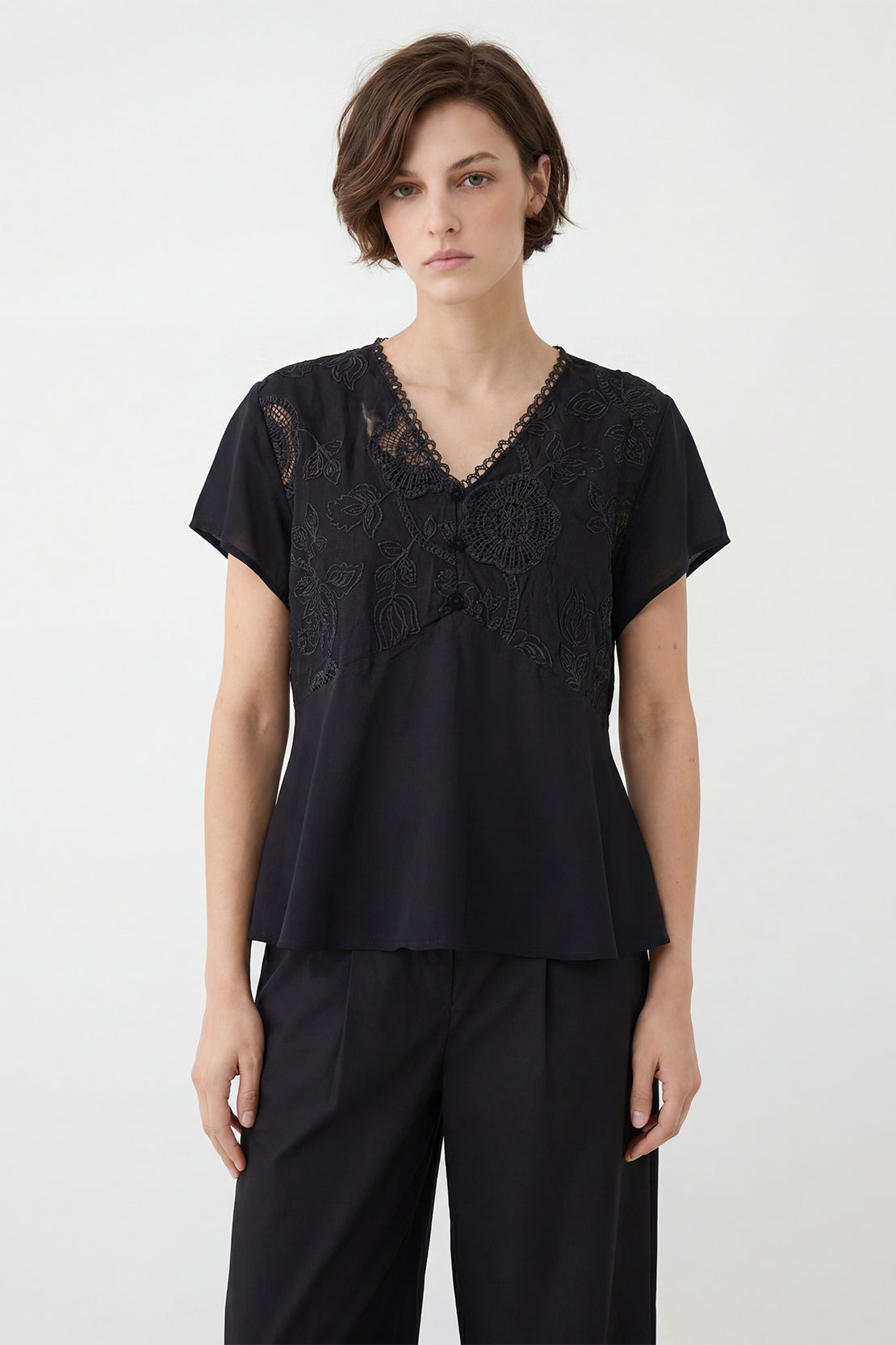 KOKO Light Weave Embroidered Lace Top – Black