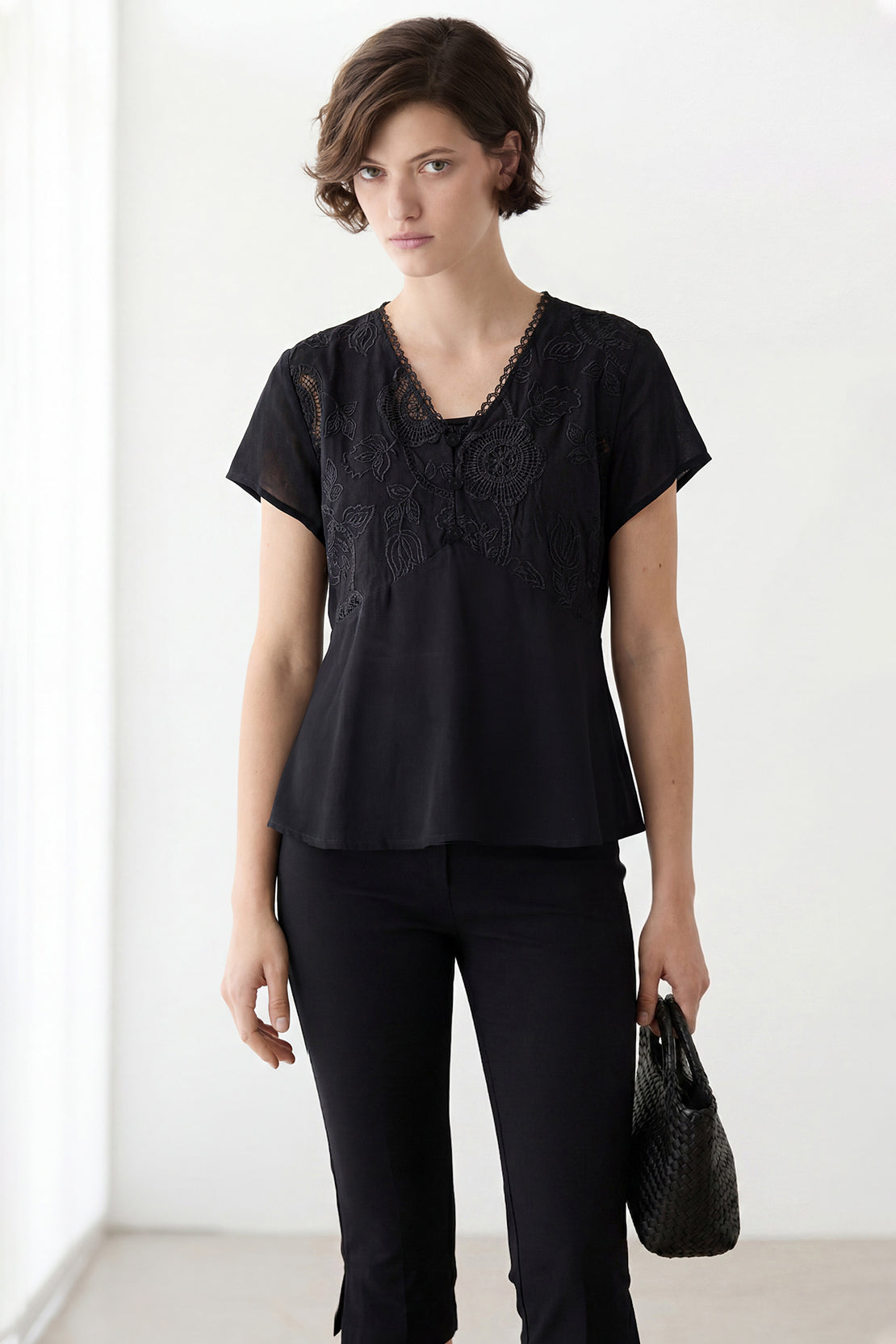 KOKO Light Weave Embroidered Lace Top – Black