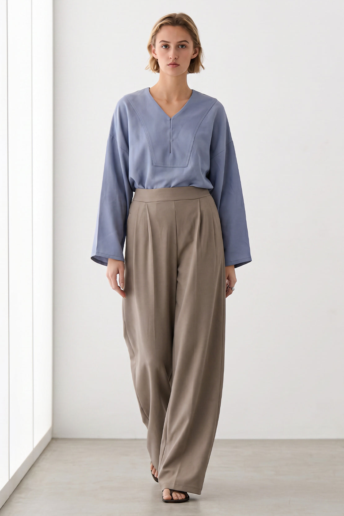 KOKO Viscose Scuba Wide-Leg Pleated Bottom – Khaki