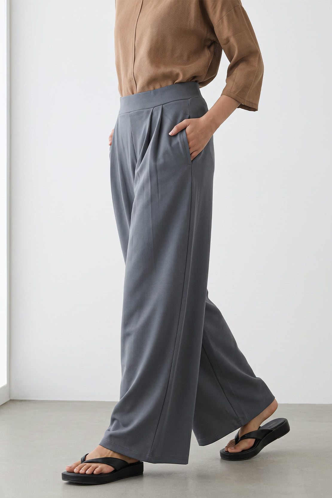 KOKO Modal Blend Wide-Leg Pleated Bottom – Dark Grey