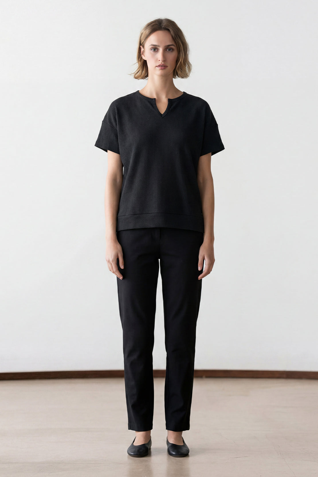 KOKO Waffle V-Neck Top – Black