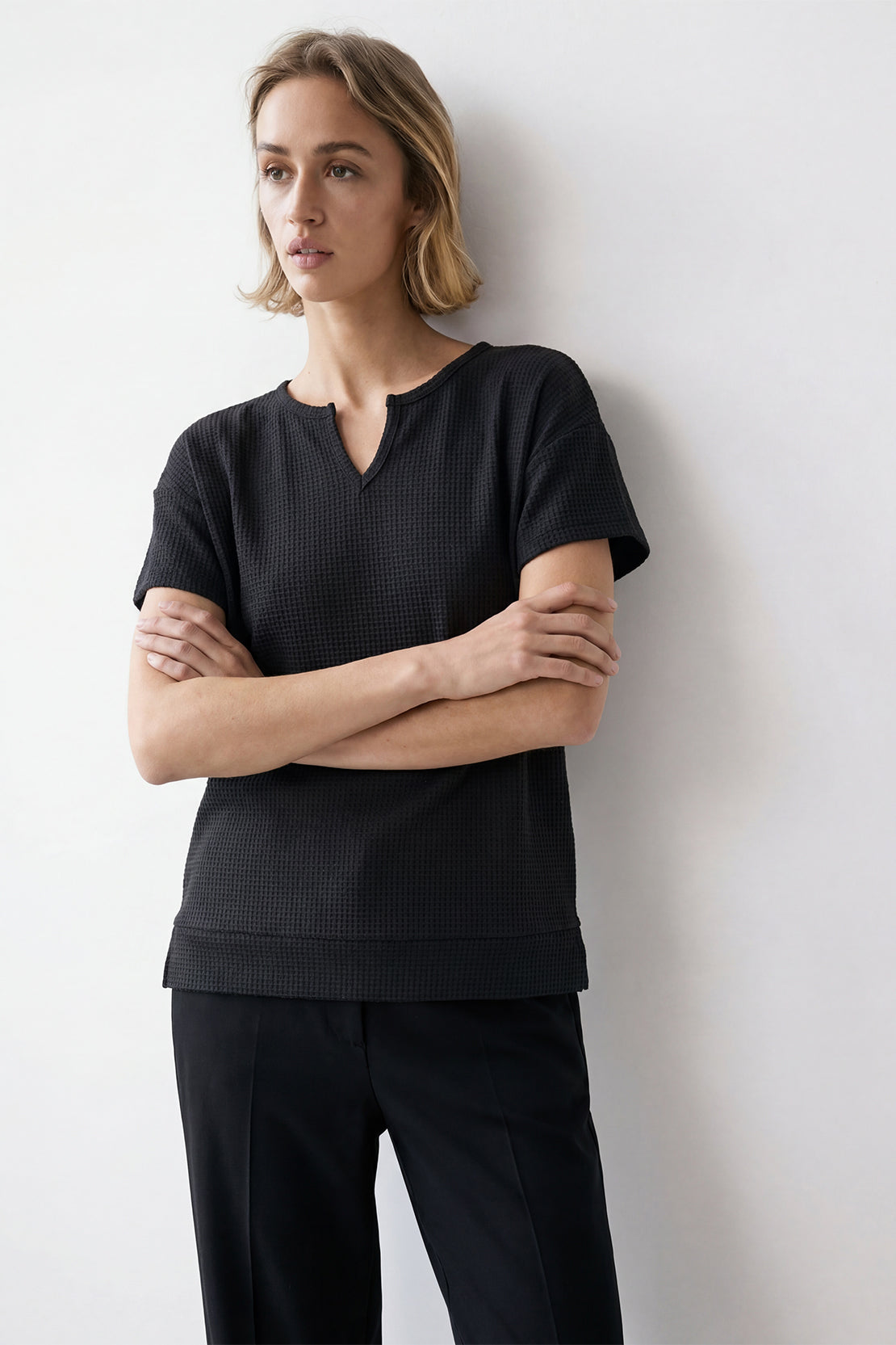 KOKO Waffle V-Neck Top – Black