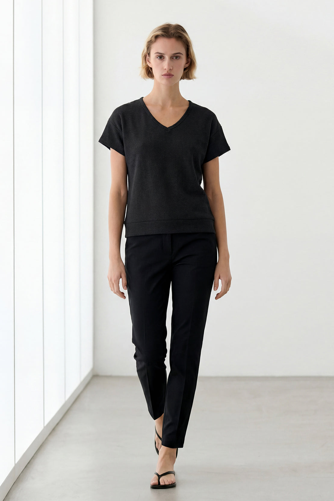 KOKO Waffle V-Neck Top – Black