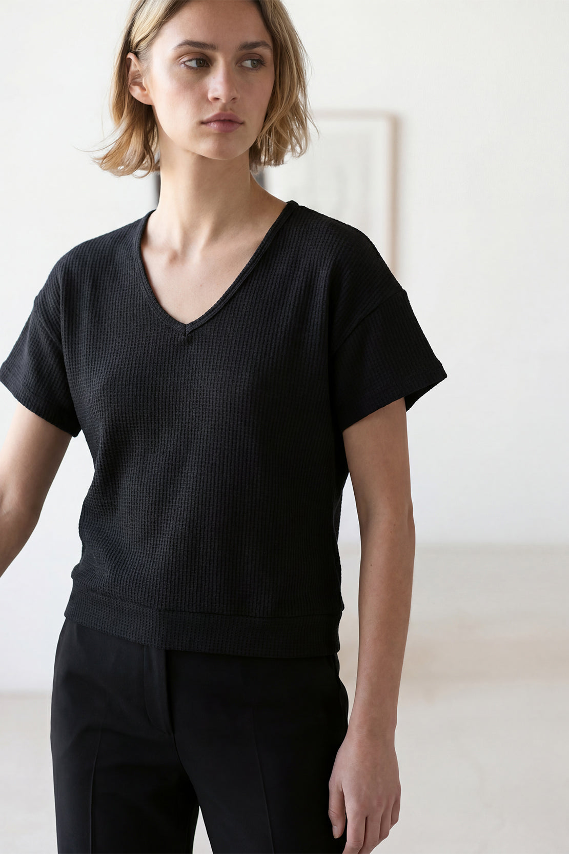 KOKO Waffle V-Neck Top – Black