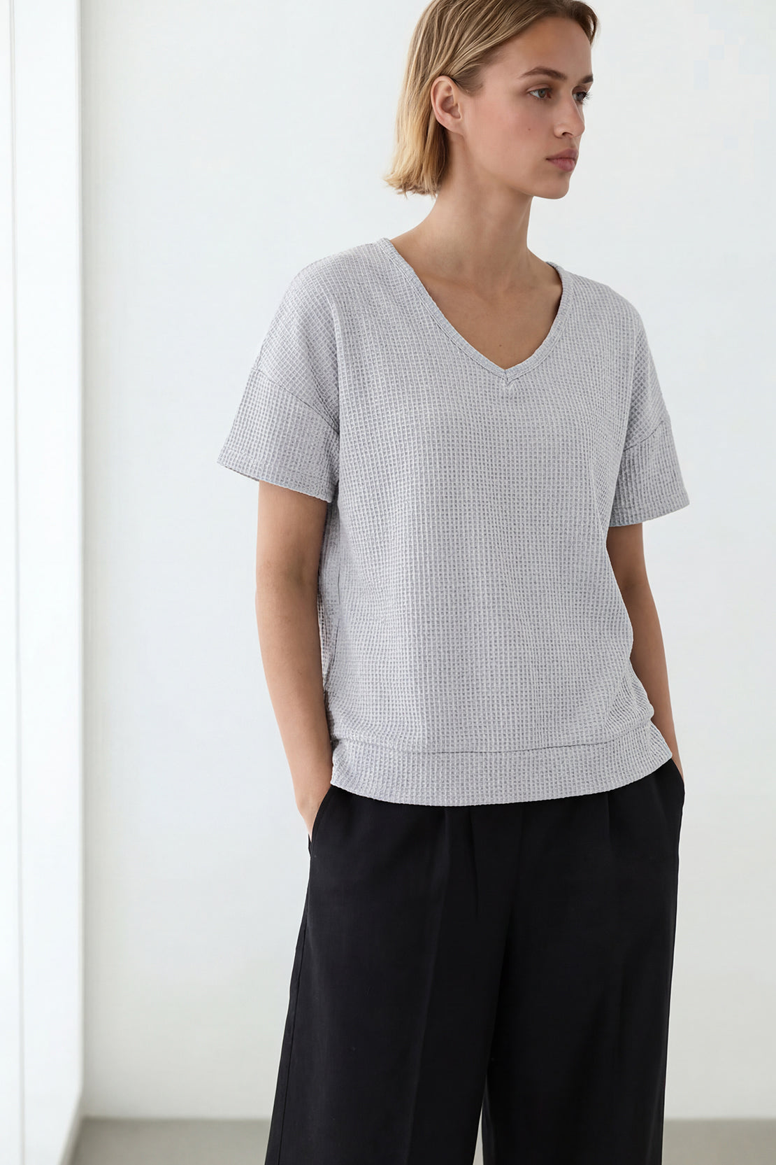 KOKO Modal Blend Relaxed V-Neck Top – Silver Grey