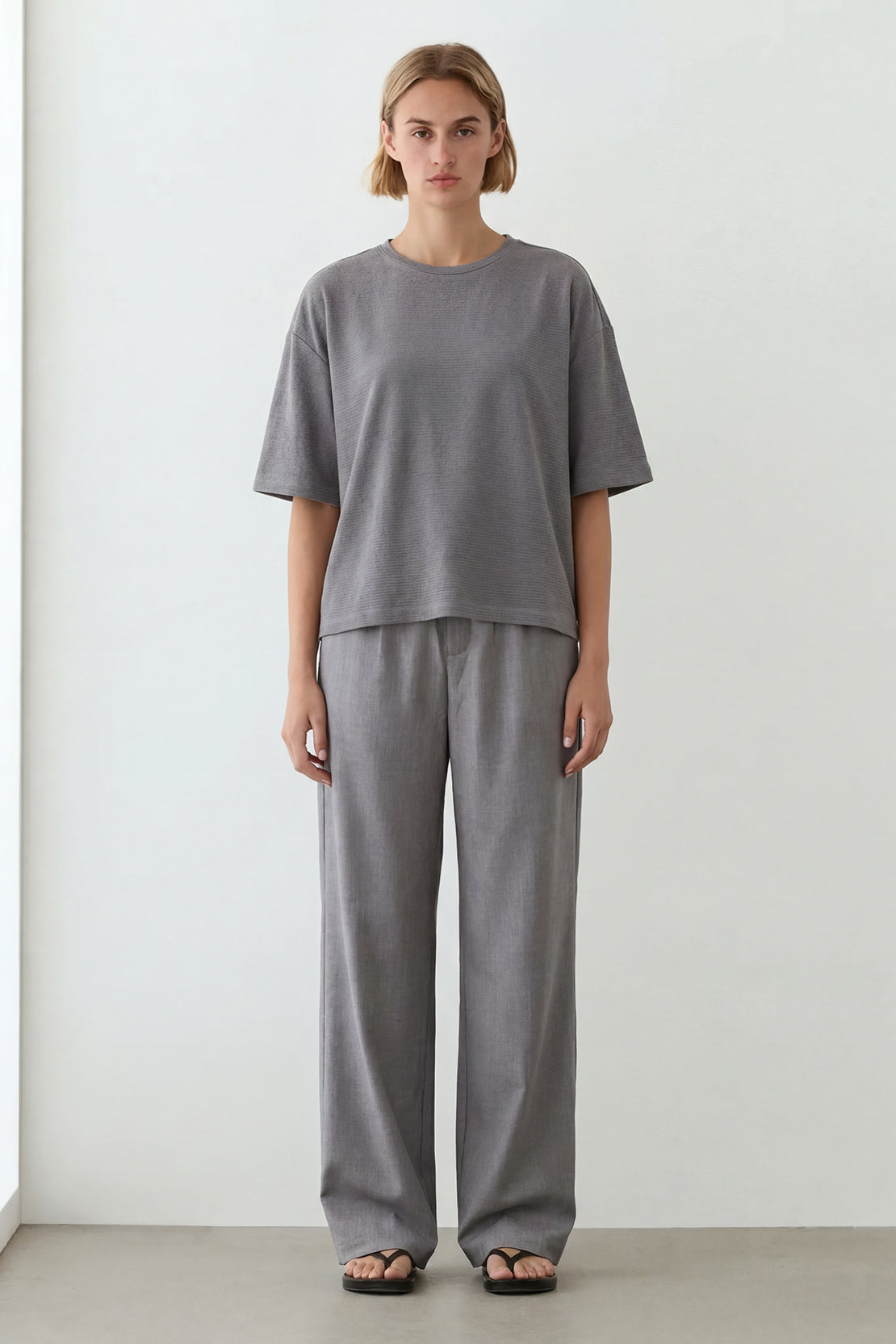 KOKO Textured Knit Boxy Fit Crew Neck Tee – Grey