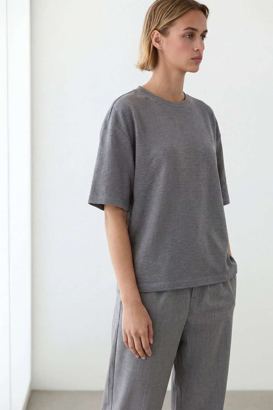KOKO Textured Knit Boxy Fit Crew Neck Tee – Grey