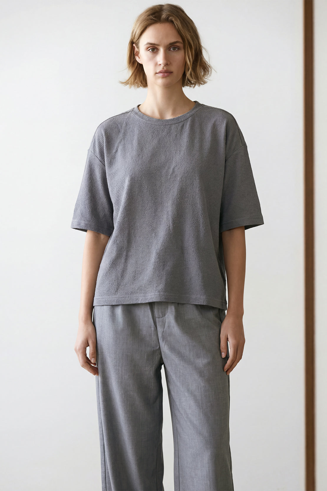 KOKO Textured Knit Boxy Fit Crew Neck Tee – Grey