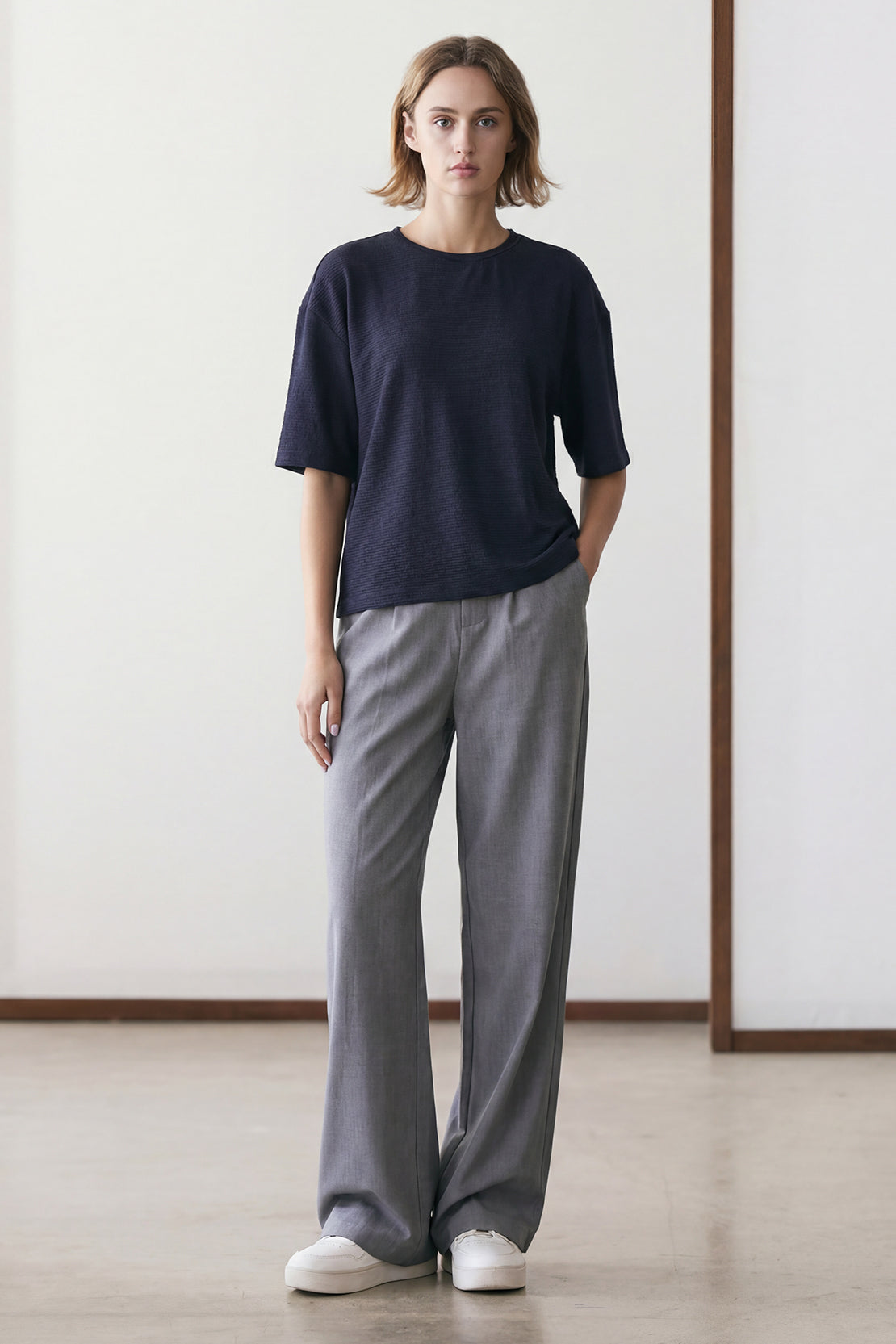 KOKO Textured Knit Boxy Fit Crew Neck Tee – Navy
